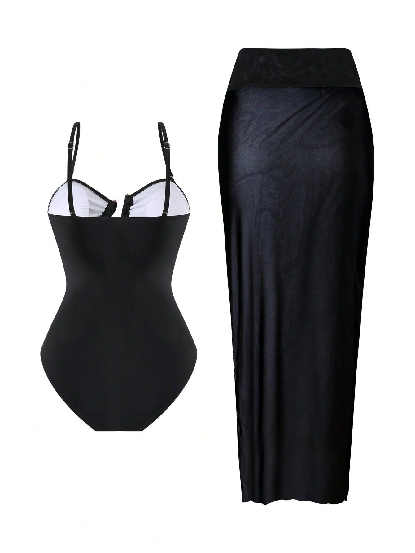 (image for) Women Metal Buckle Detail Ruched Tummy Control One Piece Swimsuit with Midi Skirt Cover Up 2 Piece Set Conservative Slimming Swimwear