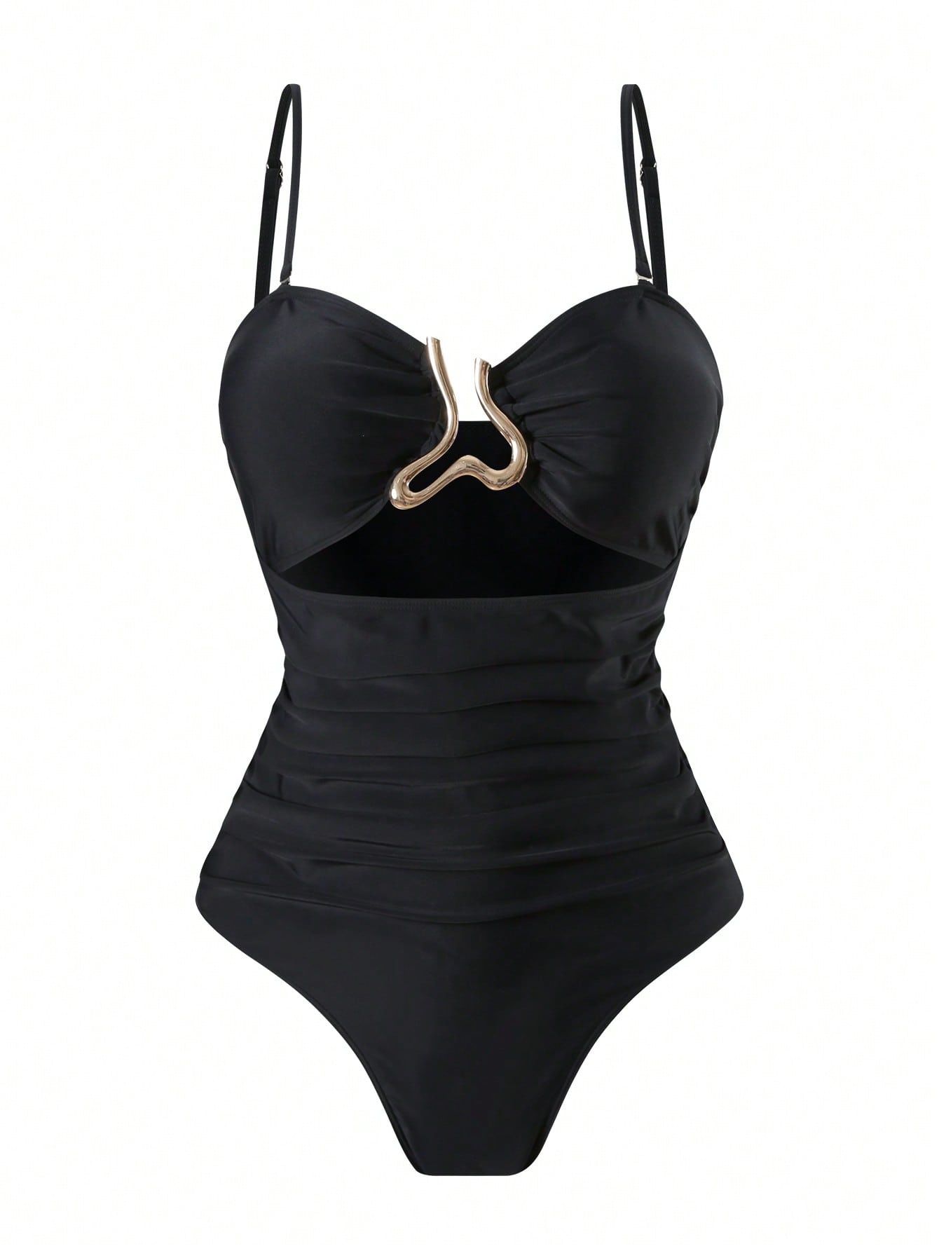 (image for) Women Metal Buckle Detail Ruched Tummy Control One Piece Swimsuit with Midi Skirt Cover Up 2 Piece Set Conservative Slimming Swimwear