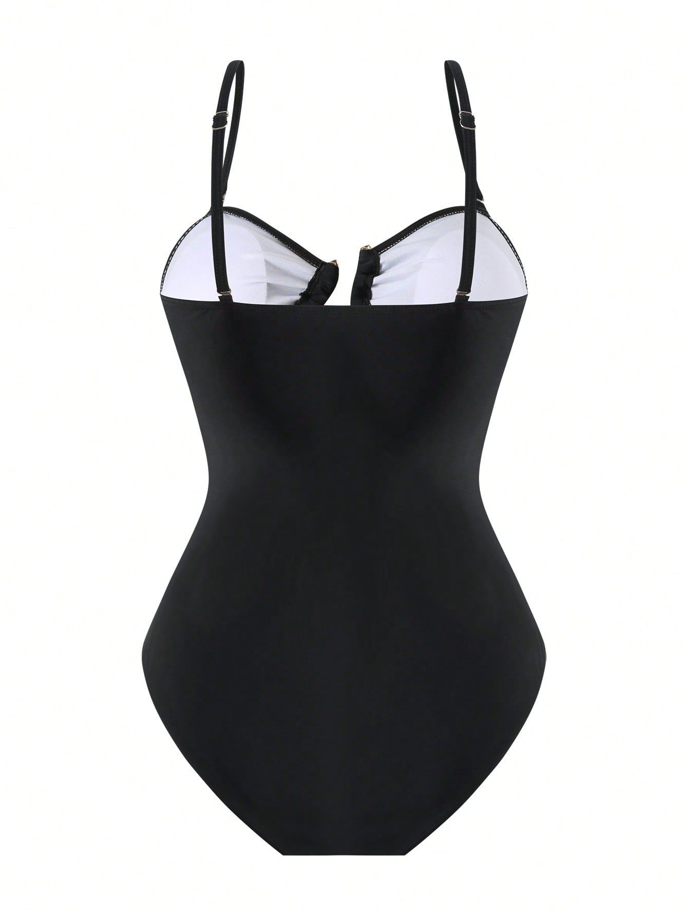 (image for) Women Metal Buckle Detail Ruched Tummy Control One Piece Swimsuit with Midi Skirt Cover Up 2 Piece Set Conservative Slimming Swimwear