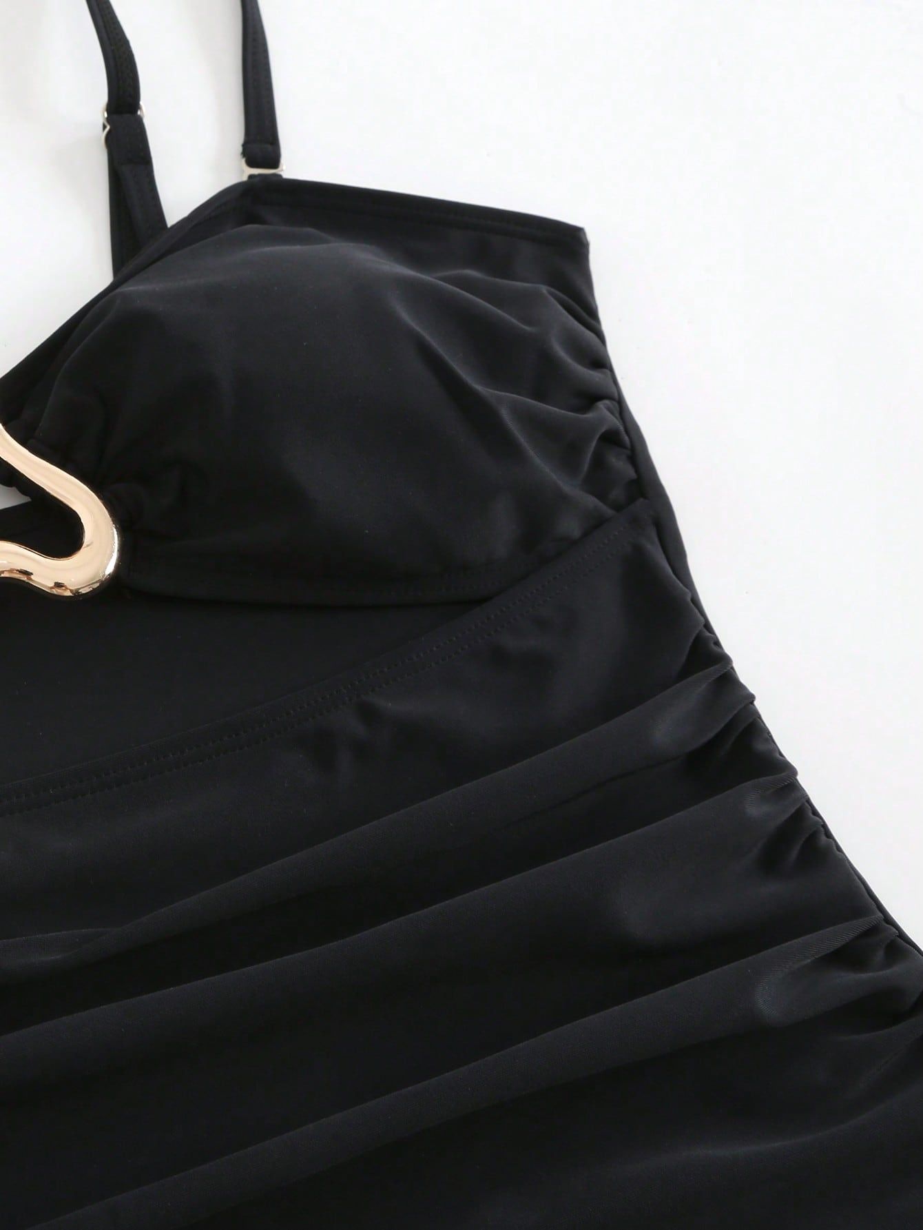 (image for) Women Metal Buckle Detail Ruched Tummy Control One Piece Swimsuit with Midi Skirt Cover Up 2 Piece Set Conservative Slimming Swimwear