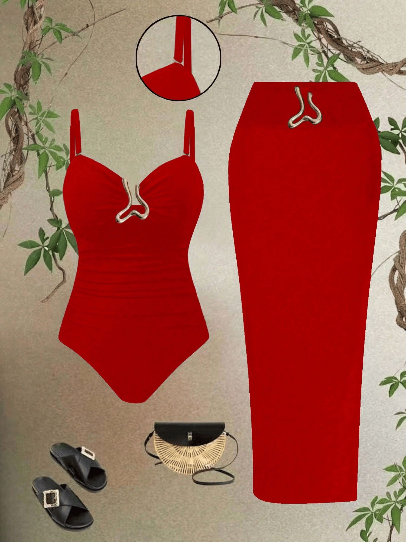 (image for) Women Metal Buckle Detail Ruched Tummy Control One Piece Swimsuit with Midi Skirt Cover Up 2 Piece Set Conservative Slimming Swimwear