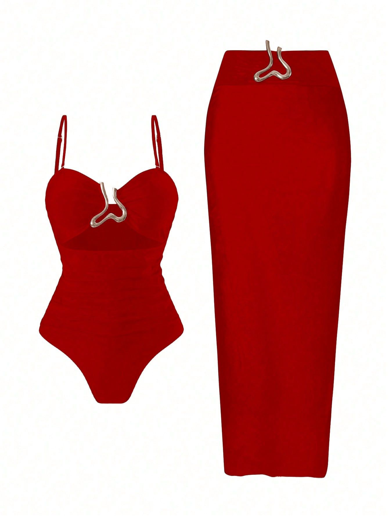 (image for) Women Metal Buckle Detail Ruched Tummy Control One Piece Swimsuit with Midi Skirt Cover Up 2 Piece Set Conservative Slimming Swimwear