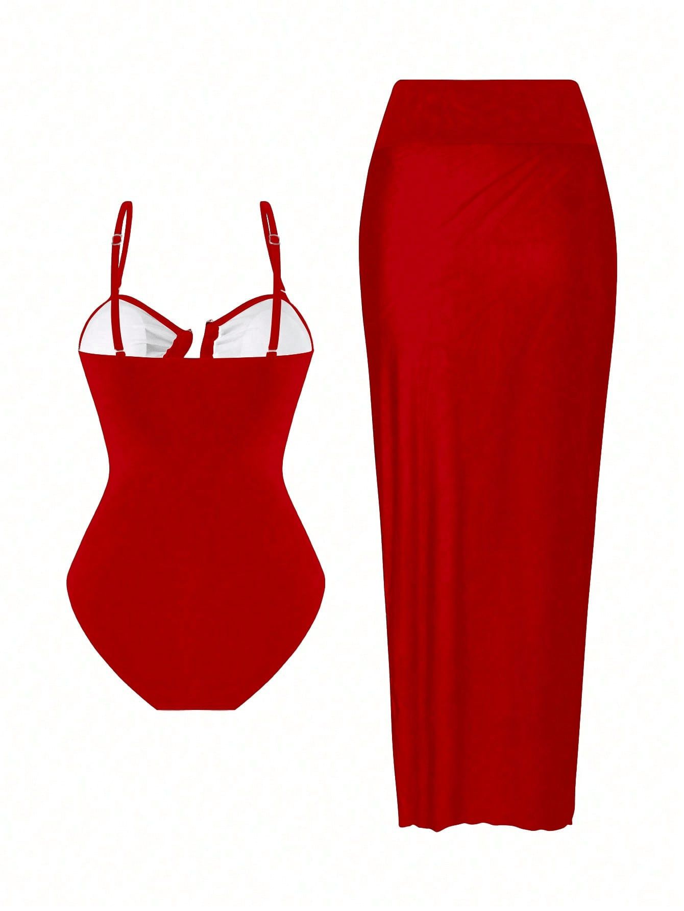 (image for) Women Metal Buckle Detail Ruched Tummy Control One Piece Swimsuit with Midi Skirt Cover Up 2 Piece Set Conservative Slimming Swimwear