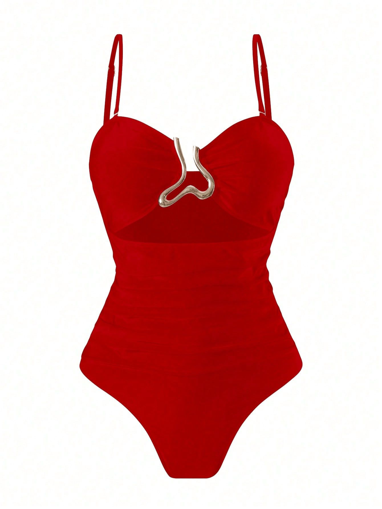 (image for) Women Metal Buckle Detail Ruched Tummy Control One Piece Swimsuit with Midi Skirt Cover Up 2 Piece Set Conservative Slimming Swimwear
