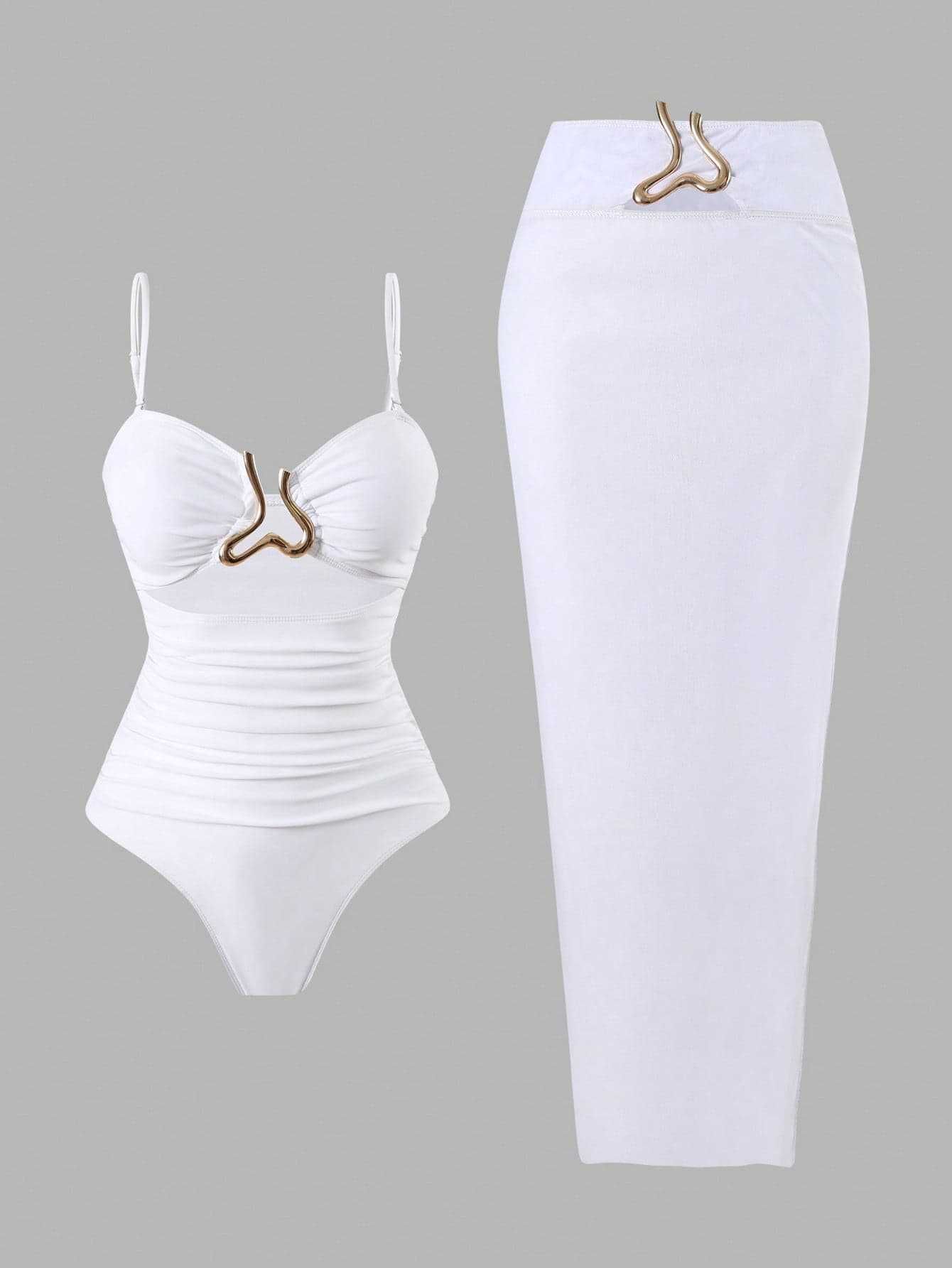 (image for) Women Metal Buckle Detail Ruched Tummy Control One Piece Swimsuit with Midi Skirt Cover Up 2 Piece Set Conservative Slimming Swimwear