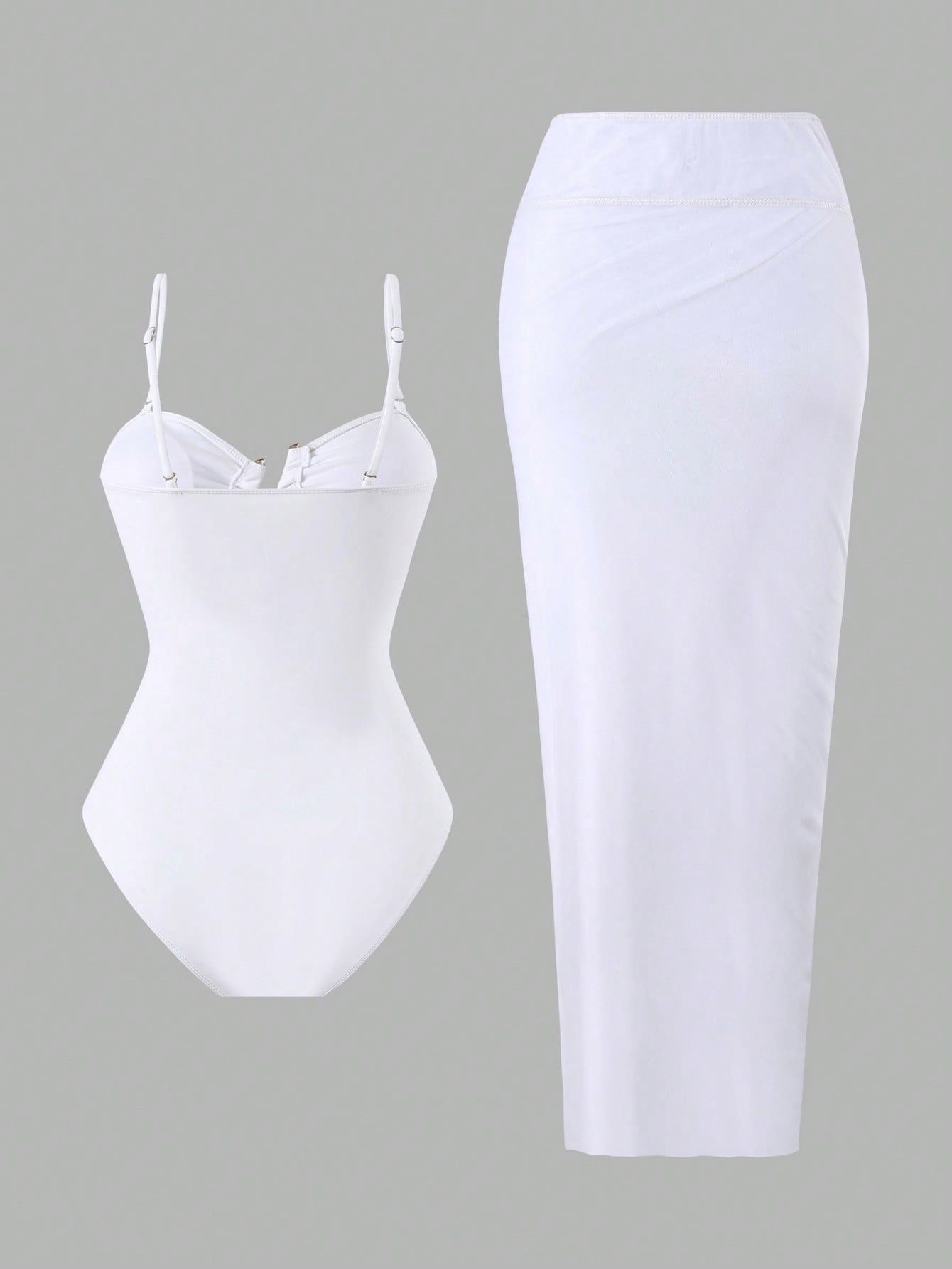 (image for) Women Metal Buckle Detail Ruched Tummy Control One Piece Swimsuit with Midi Skirt Cover Up 2 Piece Set Conservative Slimming Swimwear