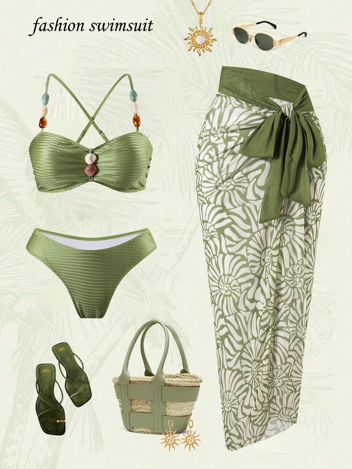 Women Beaded Strap Textured Bandeau Bikini Set with Floral Print Maxi Sarong Skirt 3 Piece Sexy Swimwear