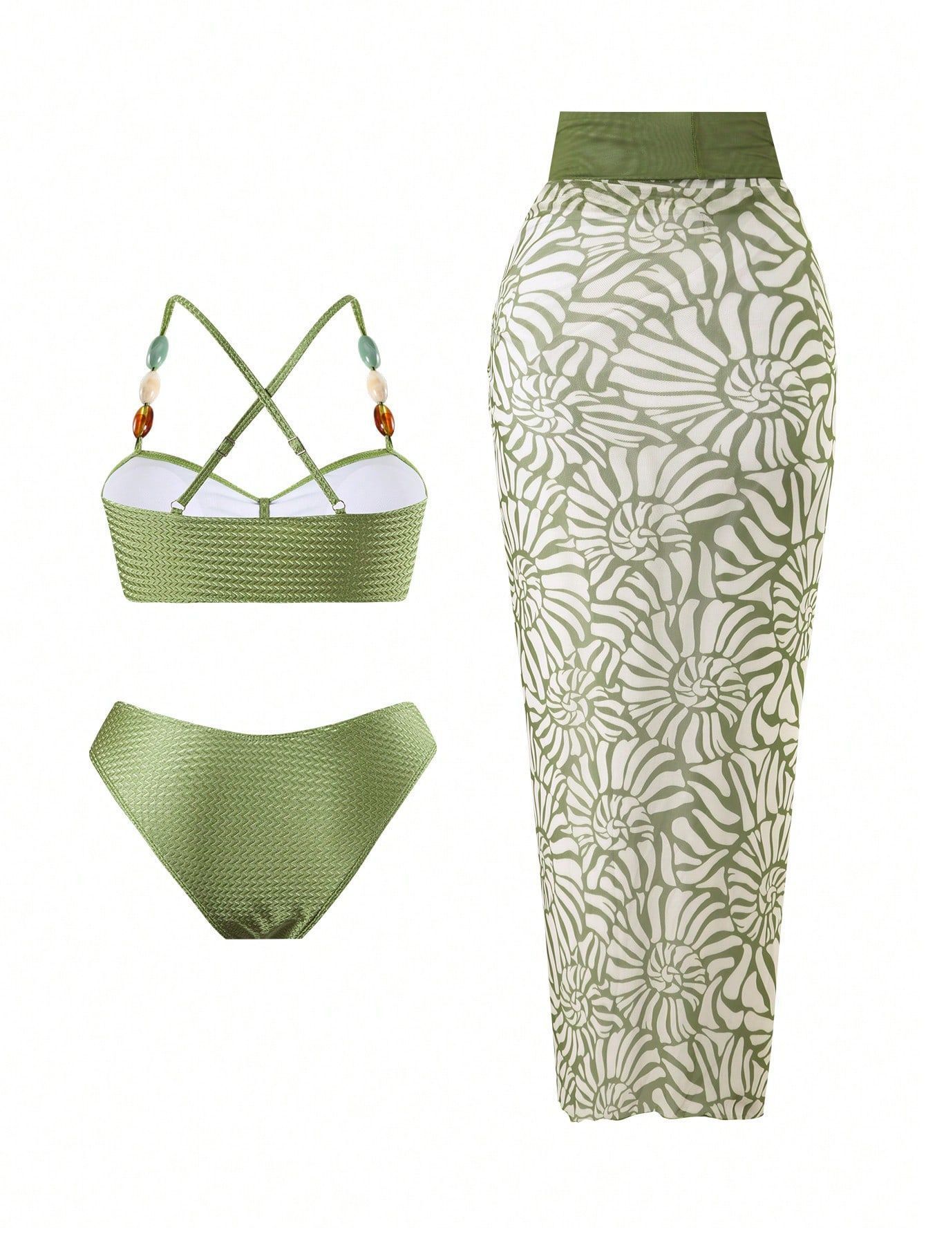 (image for) Women Beaded Strap Textured Bandeau Bikini Set with Floral Print Maxi Sarong Skirt 3 Piece Sexy Swimwear