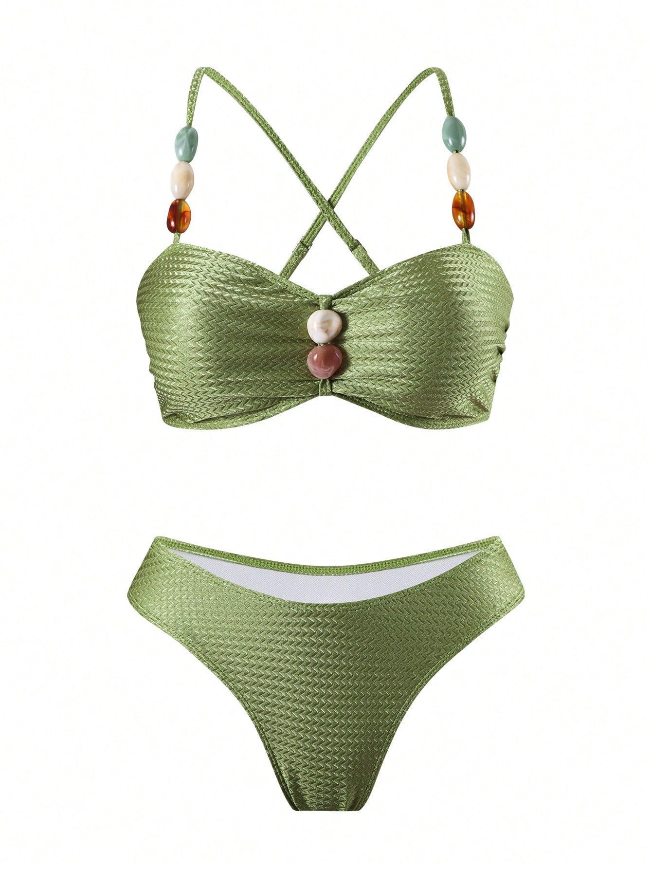 (image for) Women Beaded Strap Textured Bandeau Bikini Set with Floral Print Maxi Sarong Skirt 3 Piece Sexy Swimwear