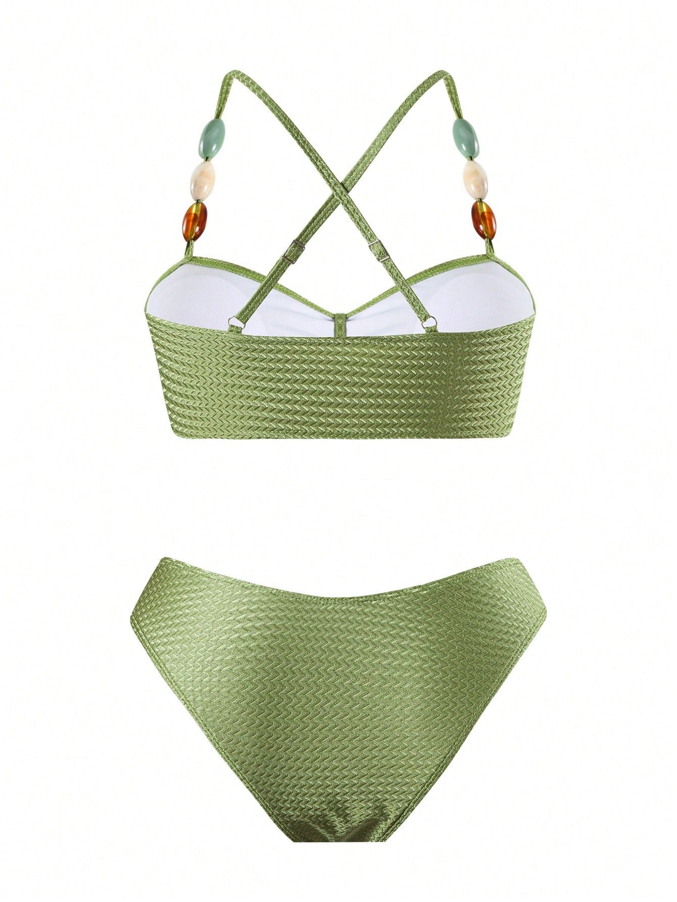 (image for) Women Beaded Strap Textured Bandeau Bikini Set with Floral Print Maxi Sarong Skirt 3 Piece Sexy Swimwear