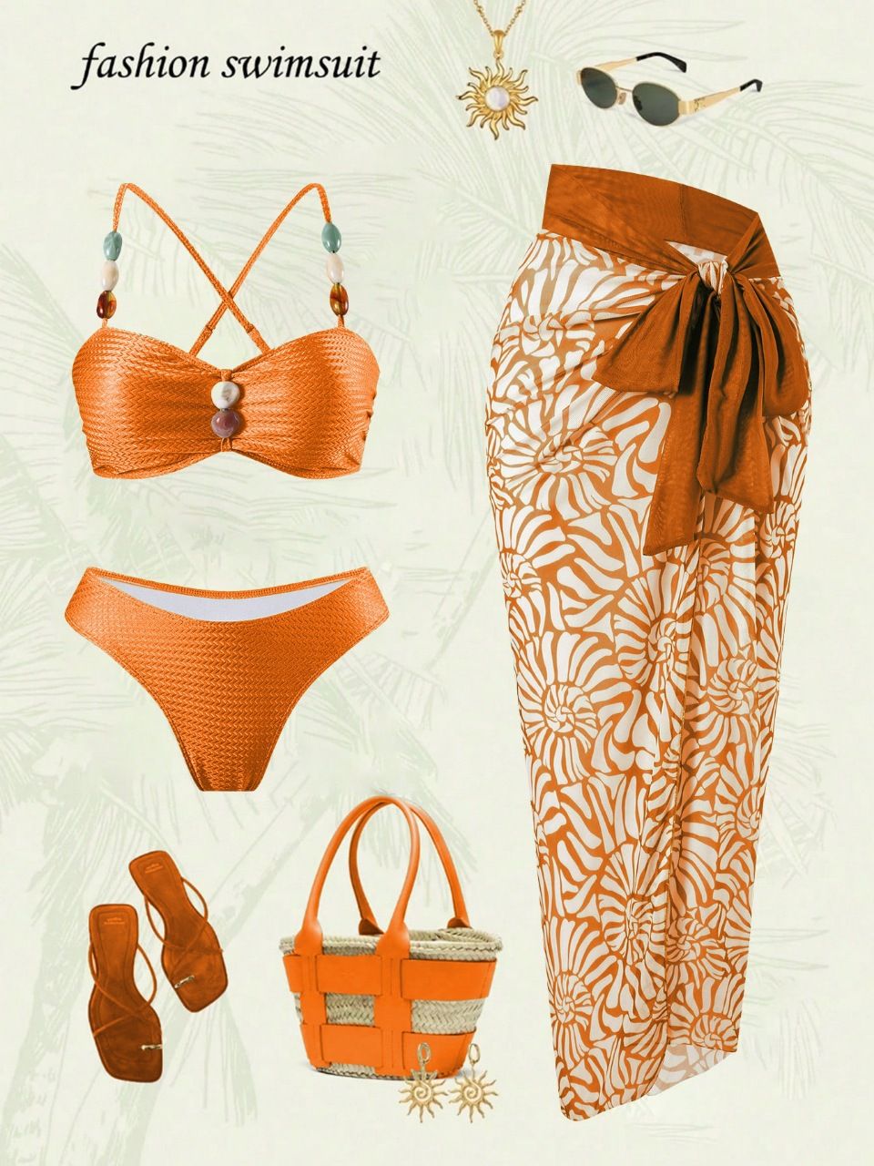 (image for) Women Beaded Strap Textured Bandeau Bikini Set with Floral Print Maxi Sarong Skirt 3 Piece Sexy Swimwear