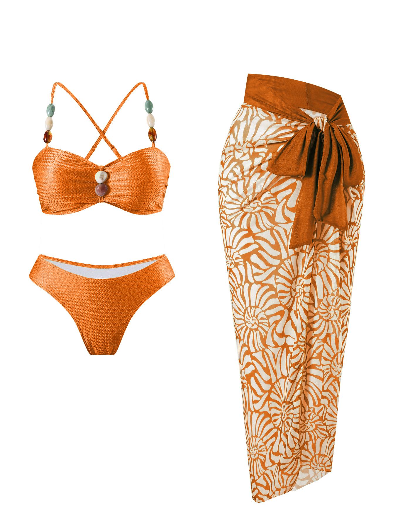 (image for) Women Beaded Strap Textured Bandeau Bikini Set with Floral Print Maxi Sarong Skirt 3 Piece Sexy Swimwear