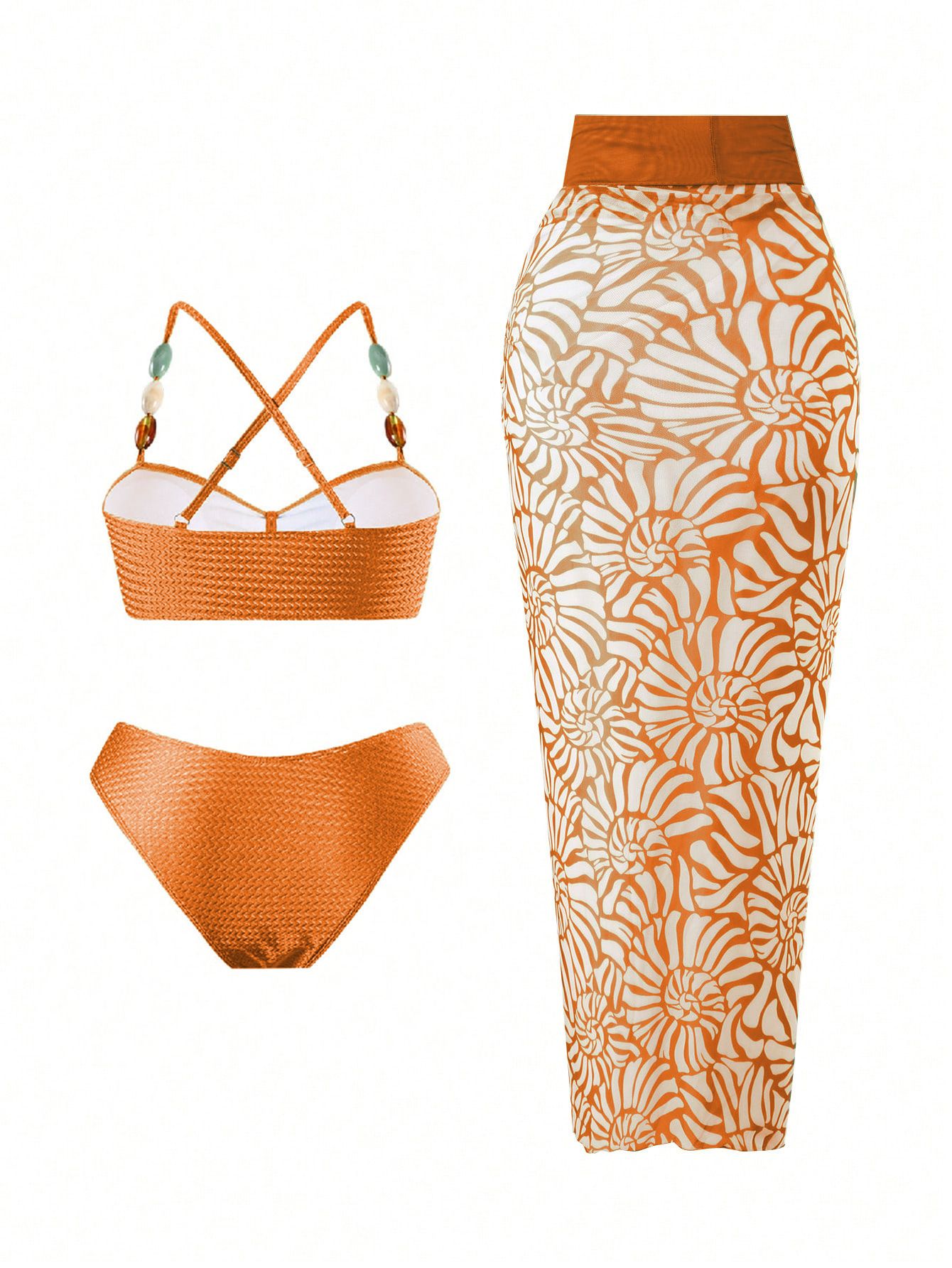 (image for) Women Beaded Strap Textured Bandeau Bikini Set with Floral Print Maxi Sarong Skirt 3 Piece Sexy Swimwear