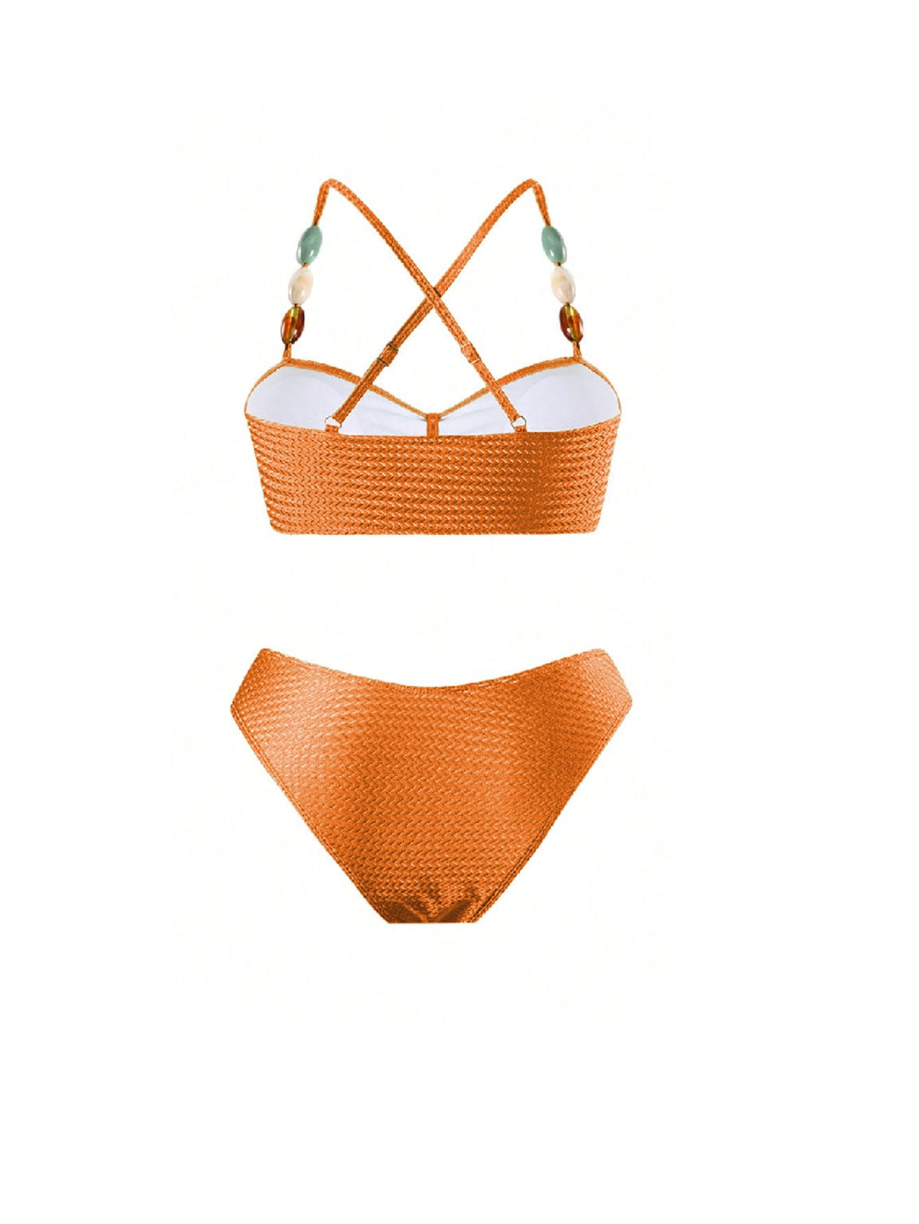 (image for) Women Beaded Strap Textured Bandeau Bikini Set with Floral Print Maxi Sarong Skirt 3 Piece Sexy Swimwear