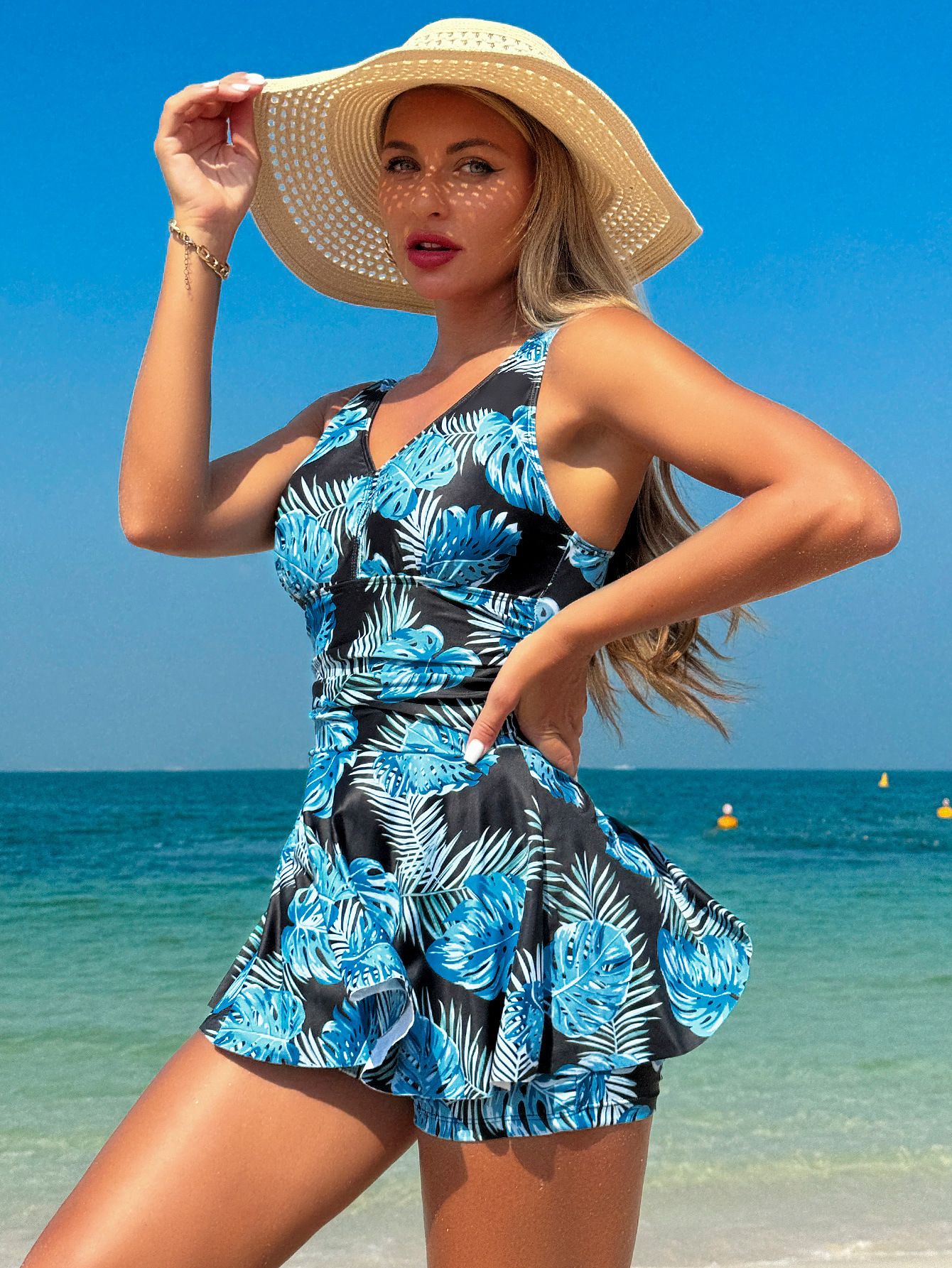 (image for) Women Blue Tropical Palm Leaf Print Swimdress with Boyshorts 2 Piece Modest Tankini Beach Swimwear