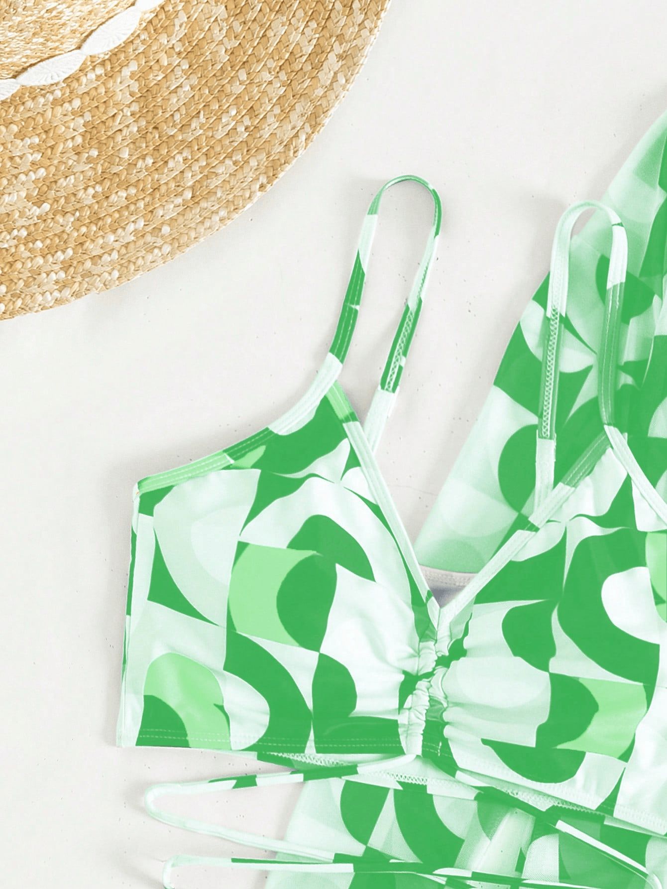 (image for) Women Abstract Swirl Print 3 Piece Bikini Set with Long Sleeve Mesh Cover Up Sexy Beach Hot Spring Swimwear