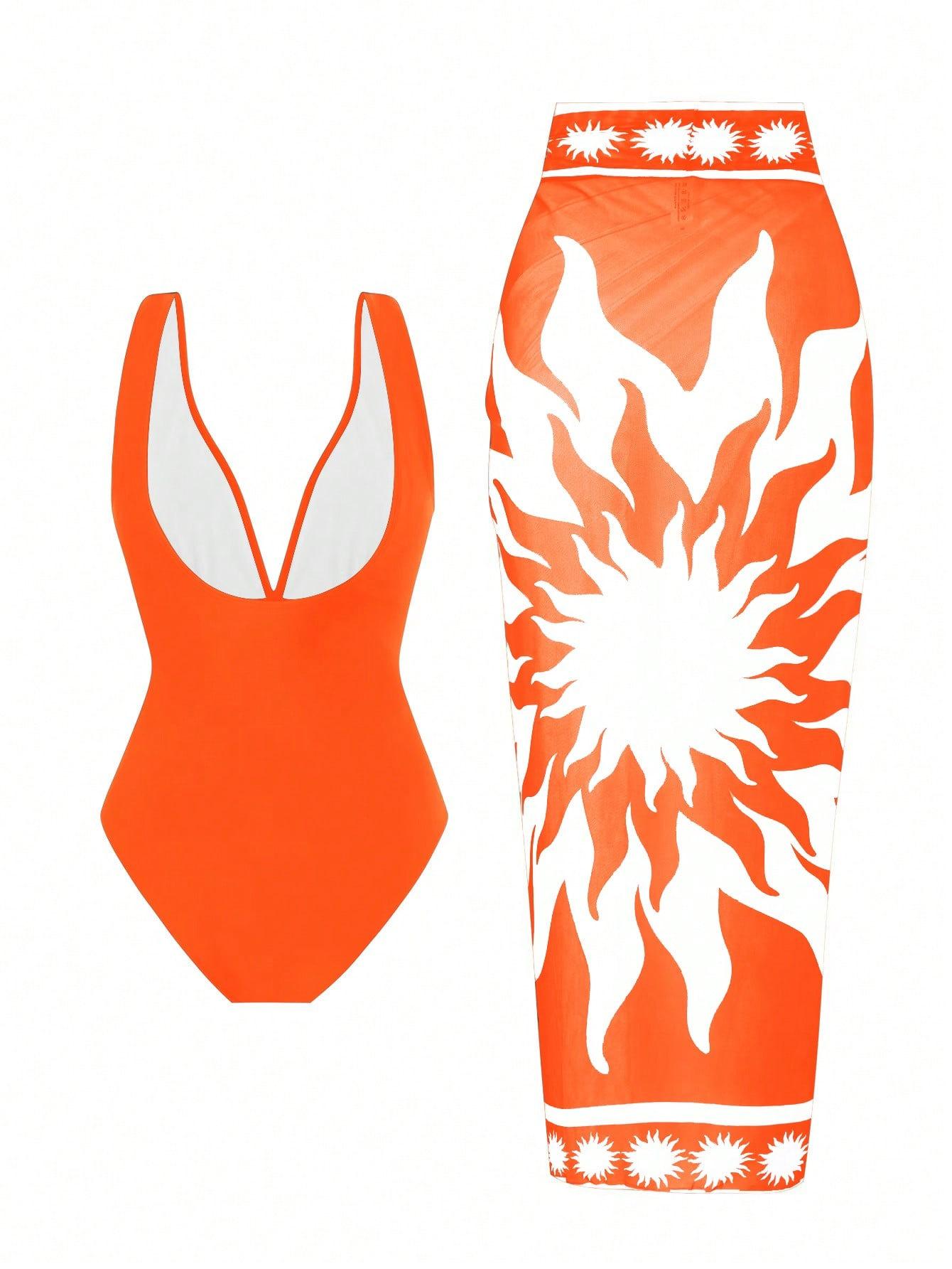 (image for) Women Deep V One Piece Swimsuit with Printed Sarong Skirt 2 Piece Set