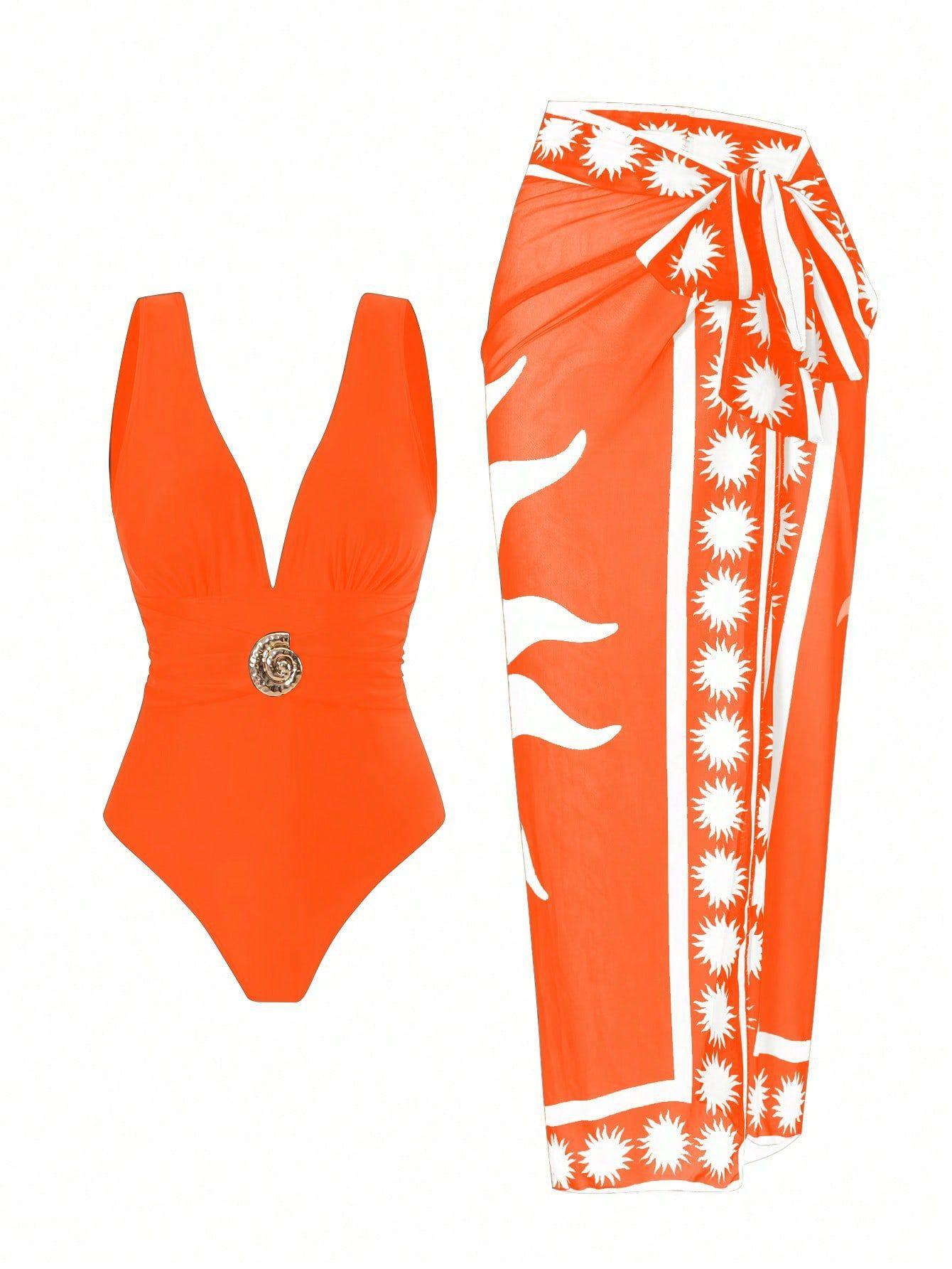 (image for) Women Deep V One Piece Swimsuit with Printed Sarong Skirt 2 Piece Set