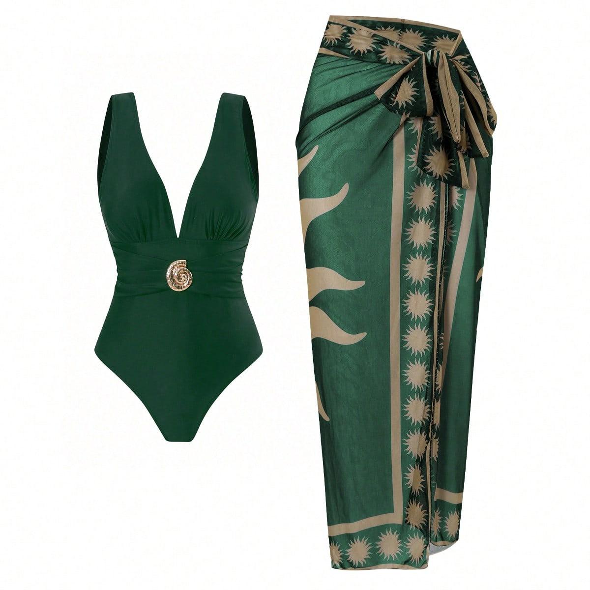 (image for) Women Deep V One Piece Swimsuit with Printed Sarong Skirt 2 Piece Set