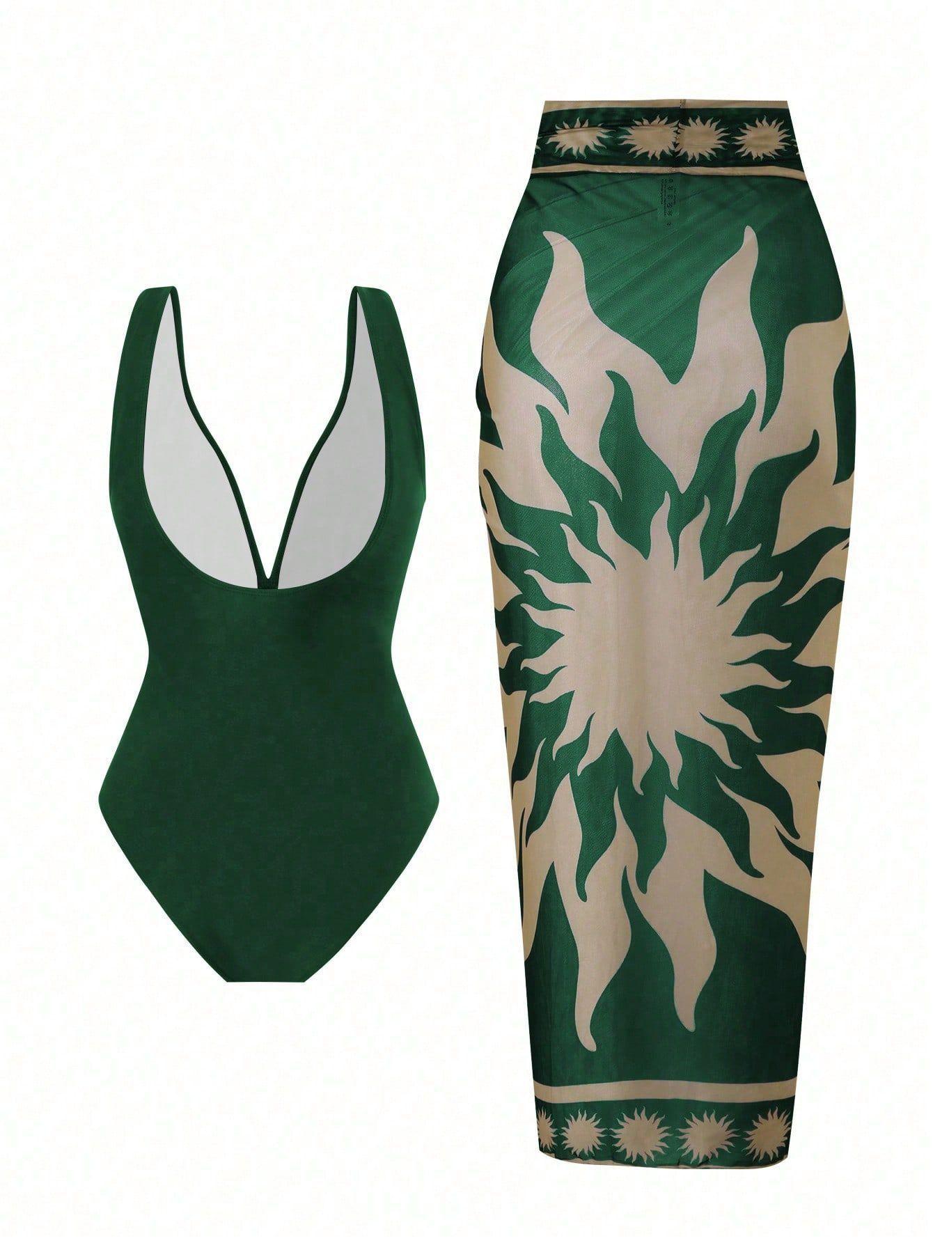 (image for) Women Deep V One Piece Swimsuit with Printed Sarong Skirt 2 Piece Set