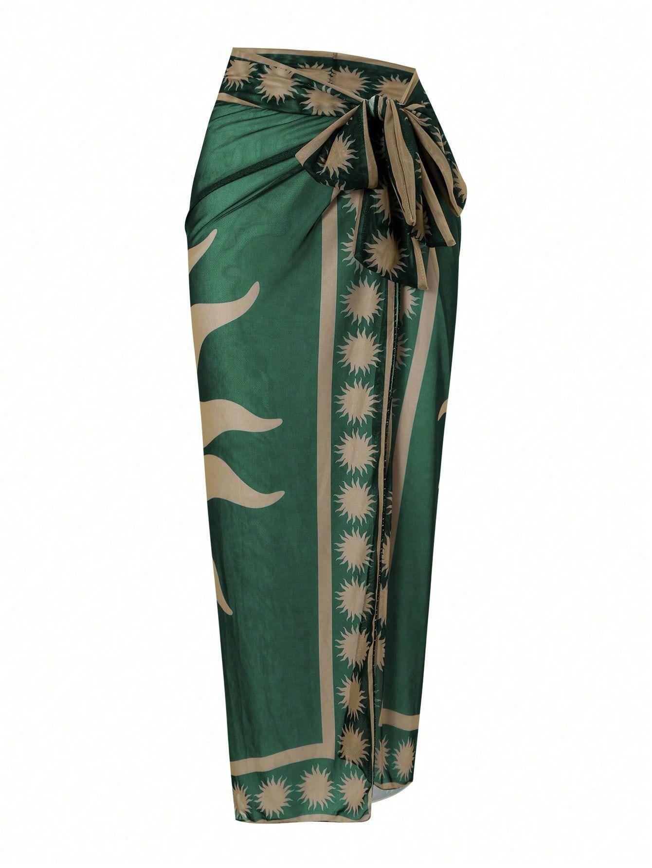 (image for) Women Deep V One Piece Swimsuit with Printed Sarong Skirt 2 Piece Set