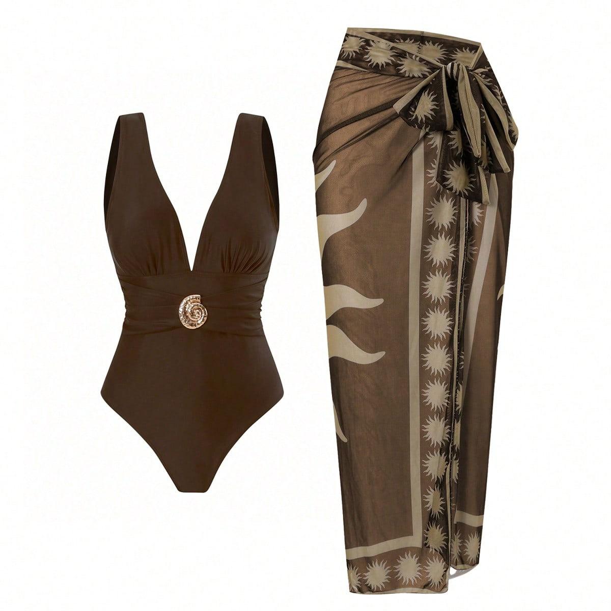 (image for) Women Deep V One Piece Swimsuit with Printed Sarong Skirt 2 Piece Set