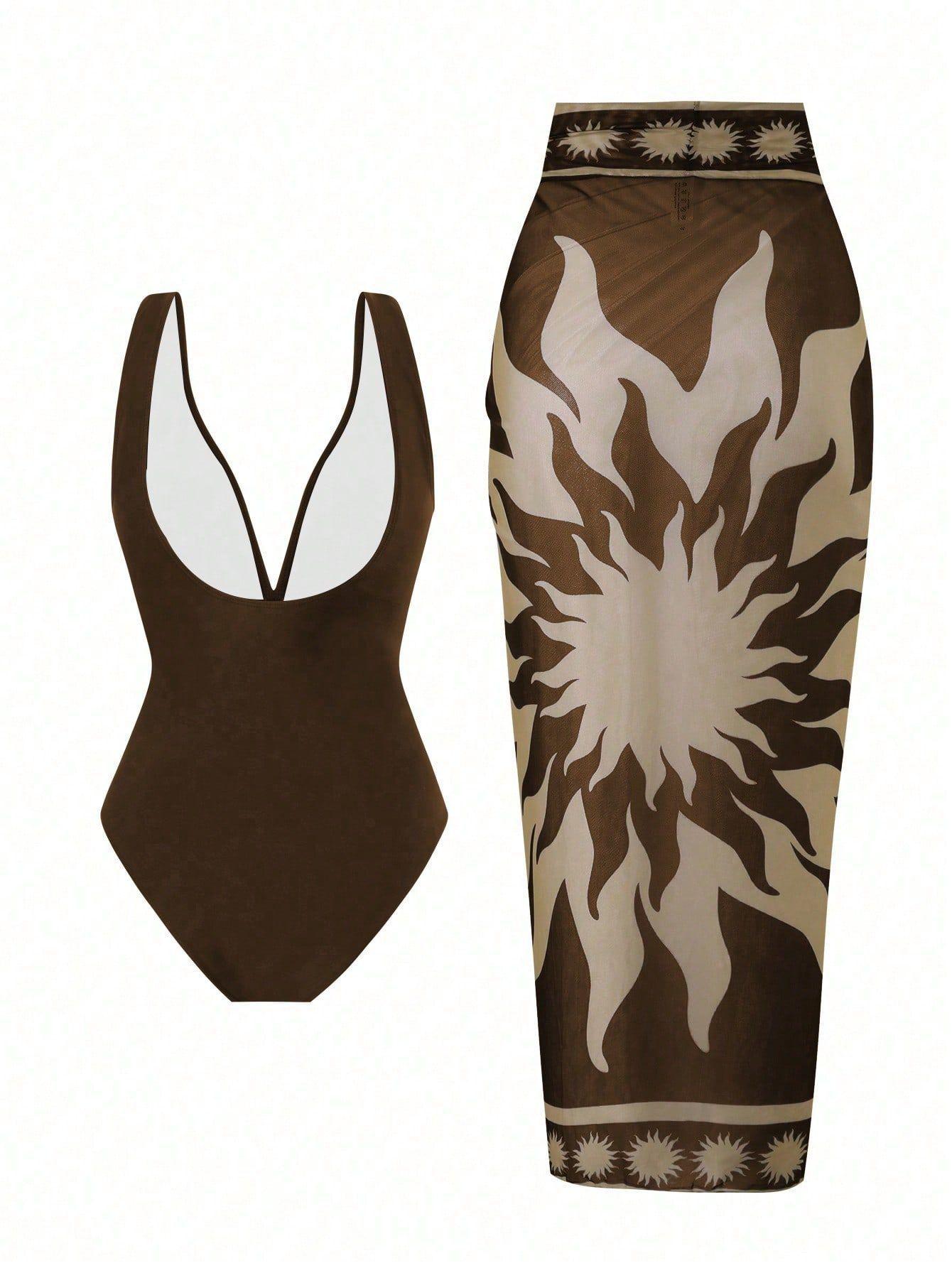 (image for) Women Deep V One Piece Swimsuit with Printed Sarong Skirt 2 Piece Set