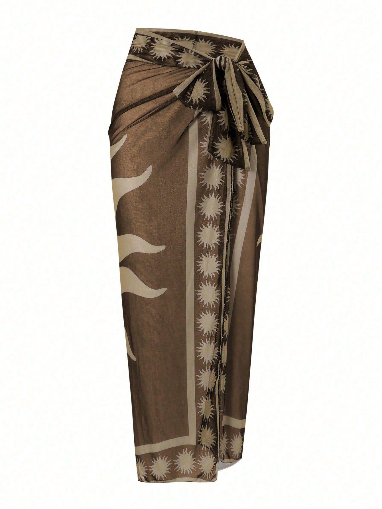(image for) Women Deep V One Piece Swimsuit with Printed Sarong Skirt 2 Piece Set
