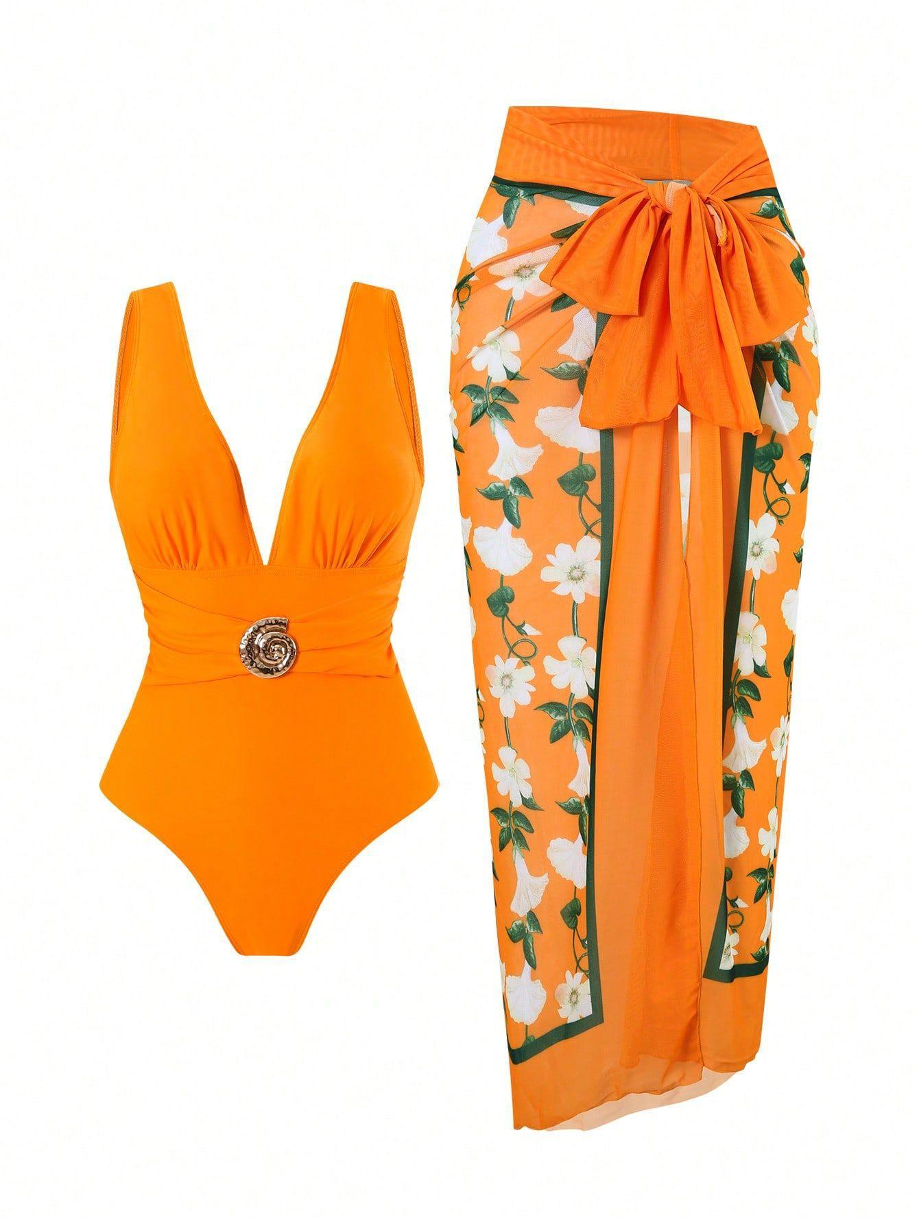 (image for) Women Deep V One Piece Swimsuit with Printed Sarong Skirt 2 Piece Set