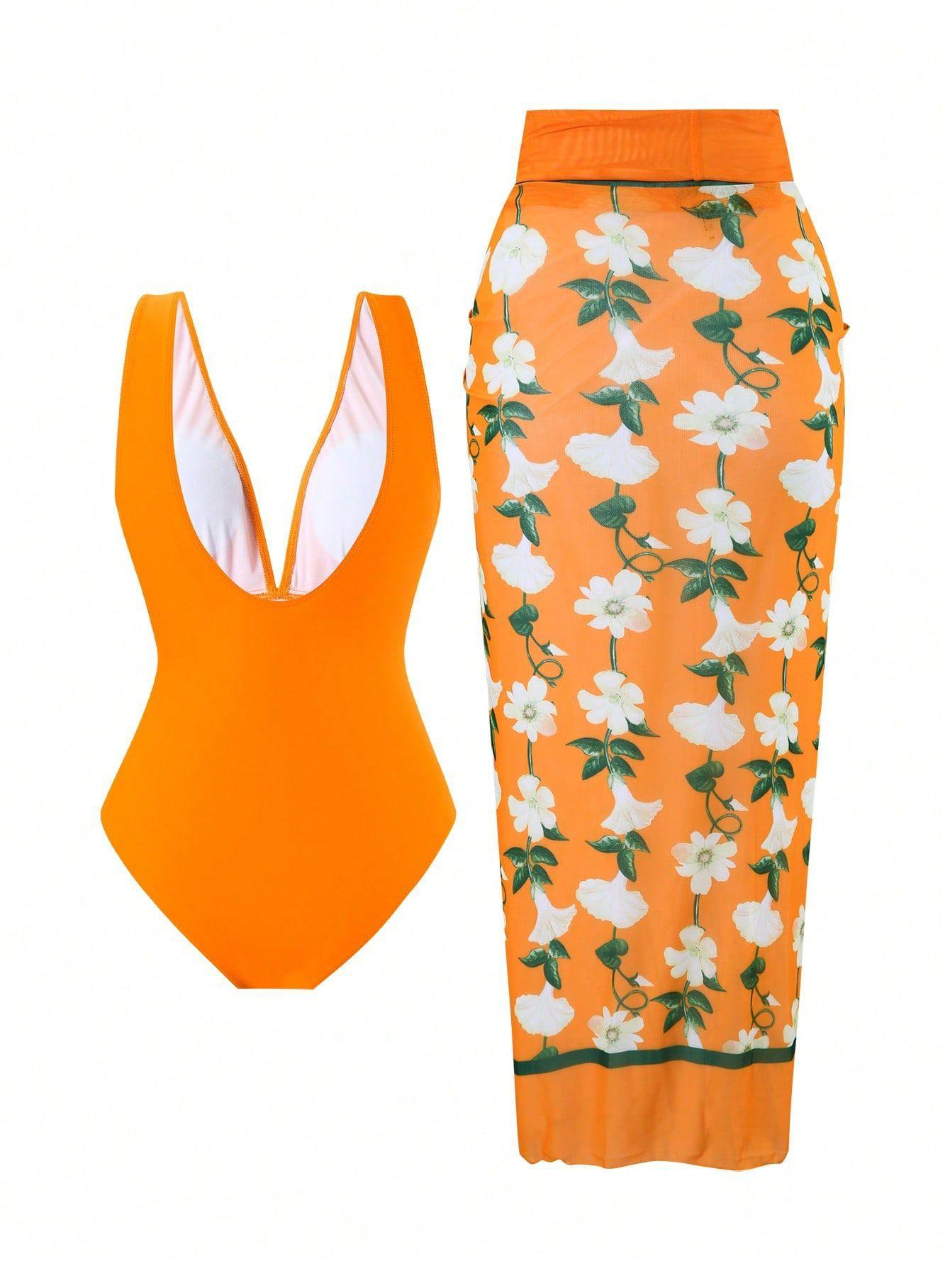 (image for) Women Deep V One Piece Swimsuit with Printed Sarong Skirt 2 Piece Set