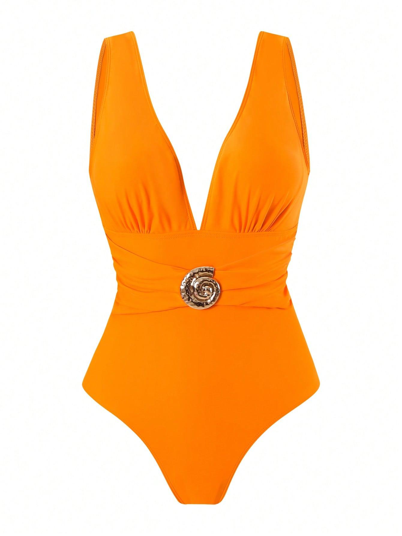 (image for) Women Deep V One Piece Swimsuit with Printed Sarong Skirt 2 Piece Set