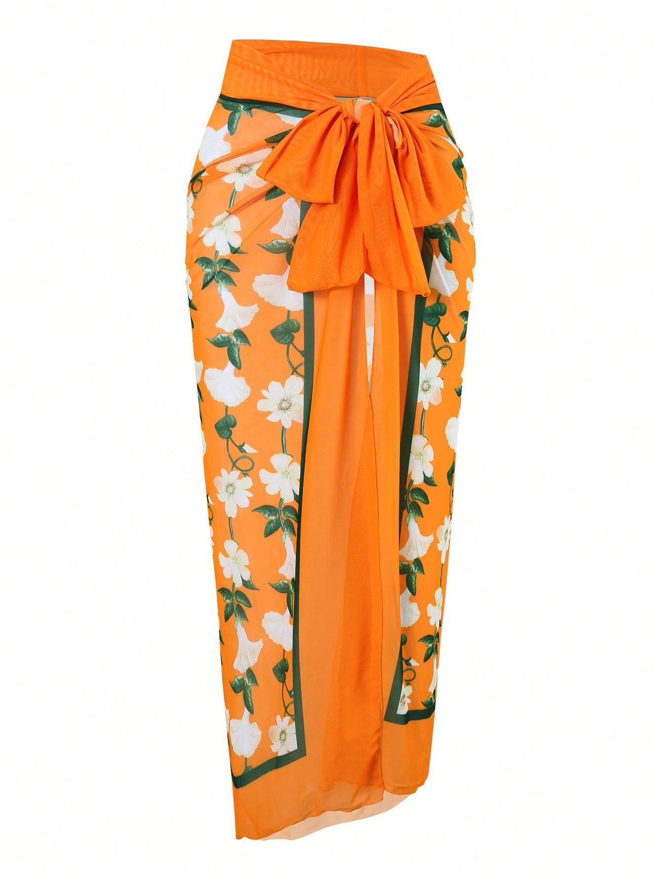 (image for) Women Deep V One Piece Swimsuit with Printed Sarong Skirt 2 Piece Set