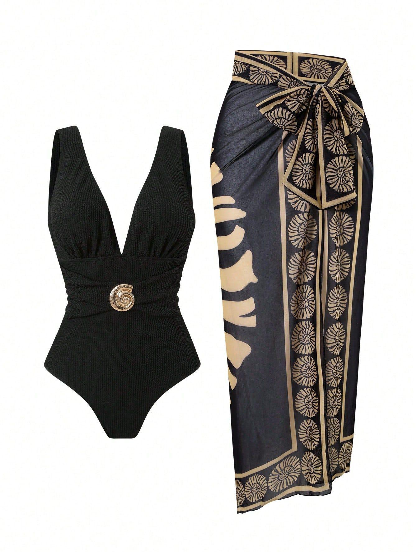 (image for) Women Deep V One Piece Swimsuit with Printed Sarong Skirt 2 Piece Set