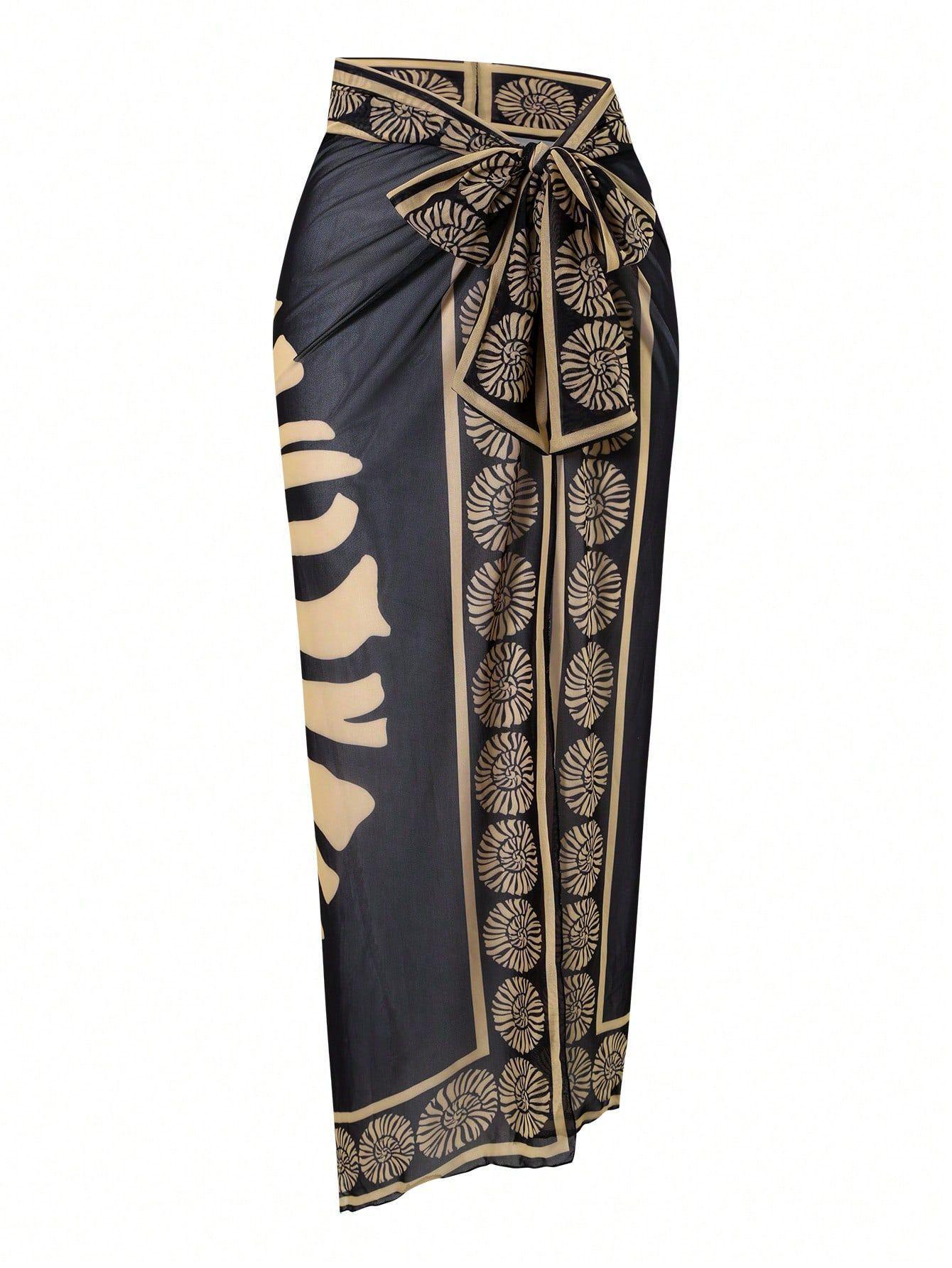(image for) Women Deep V One Piece Swimsuit with Printed Sarong Skirt 2 Piece Set