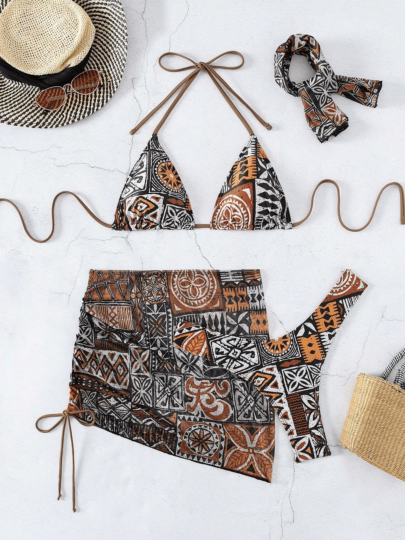 (image for) Women Tribal Geometric Print 4 Piece Halter Bikini Set with Headscarf & Mini Skirt Sexy Beach Swimwear