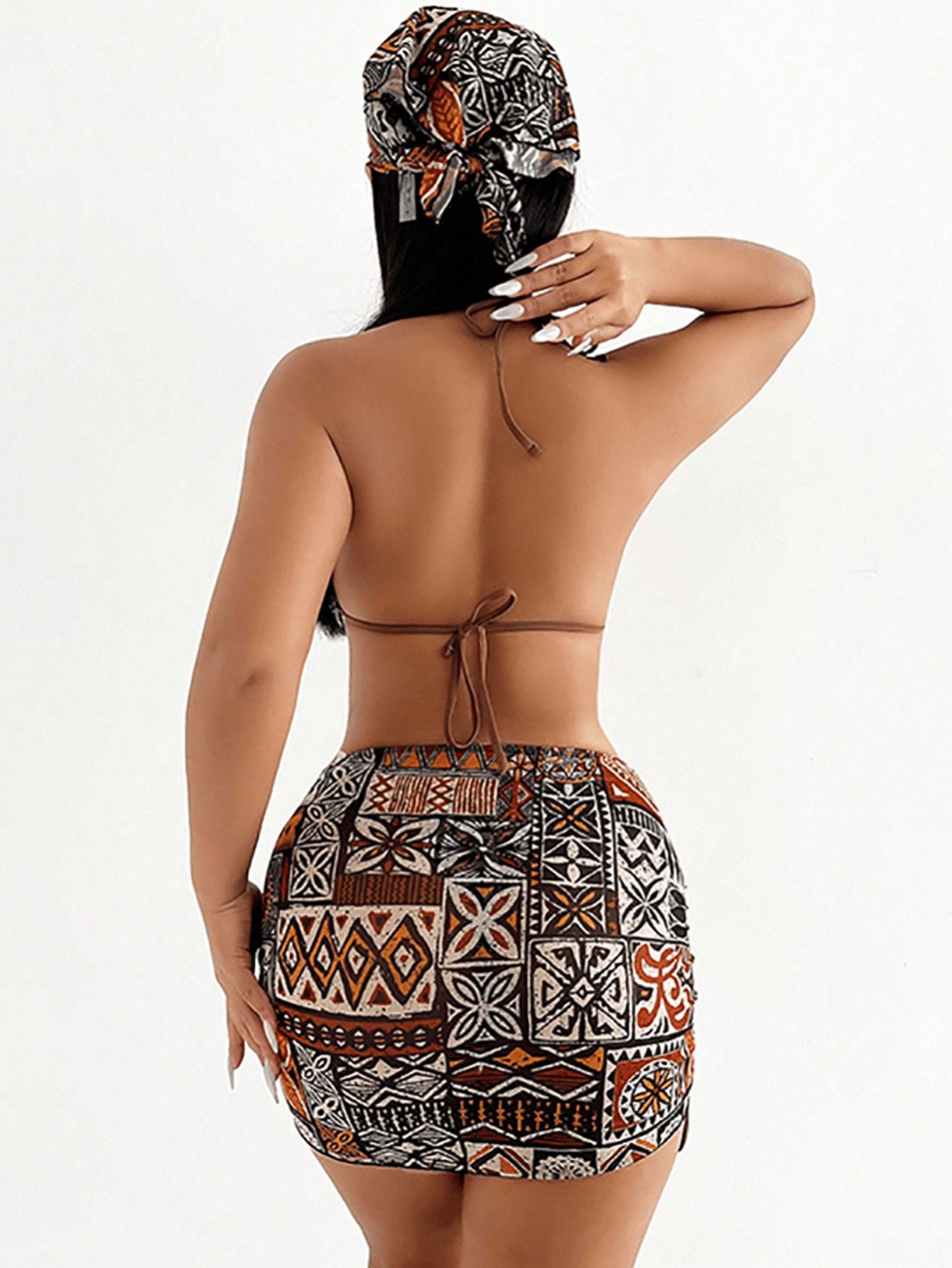 (image for) Women Tribal Geometric Print 4 Piece Halter Bikini Set with Headscarf & Mini Skirt Sexy Beach Swimwear