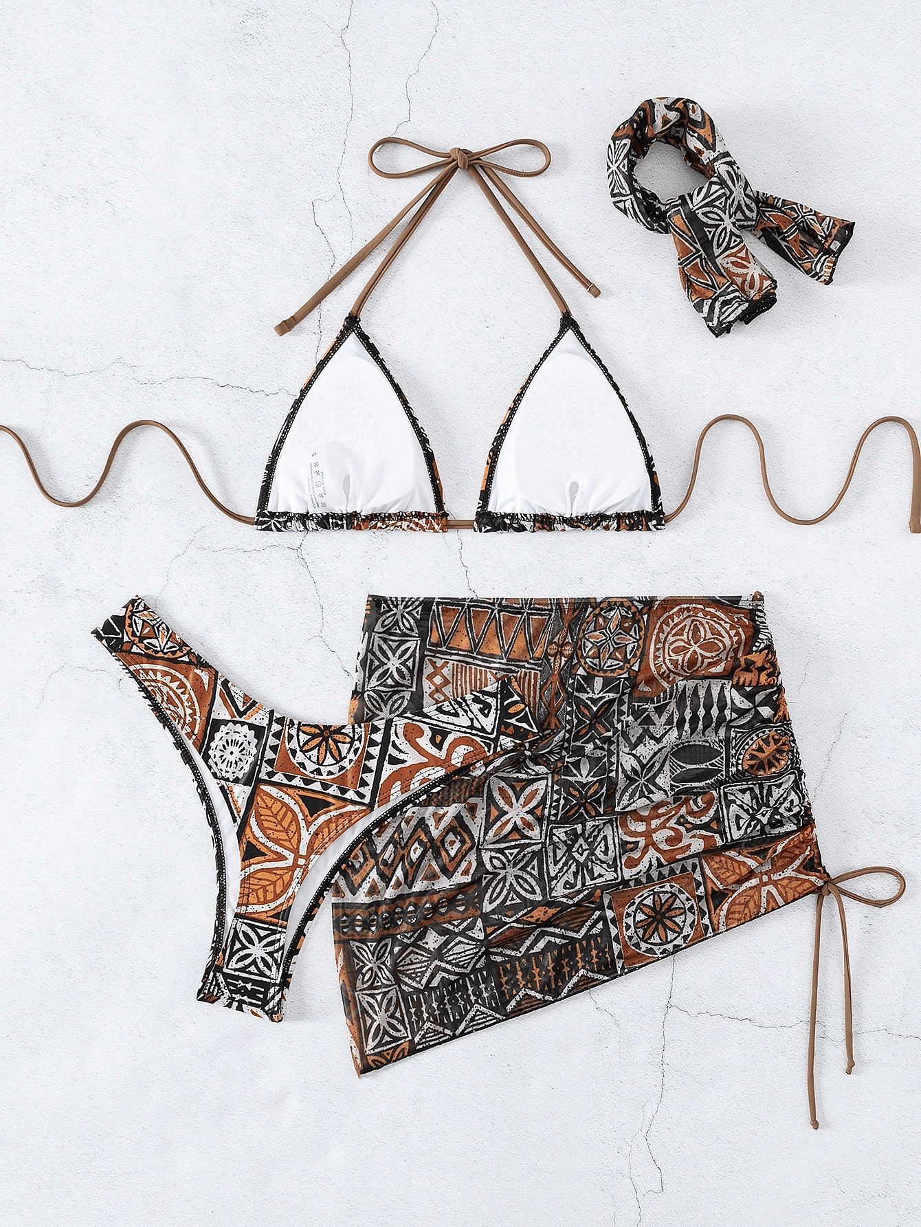 (image for) Women Tribal Geometric Print 4 Piece Halter Bikini Set with Headscarf & Mini Skirt Sexy Beach Swimwear