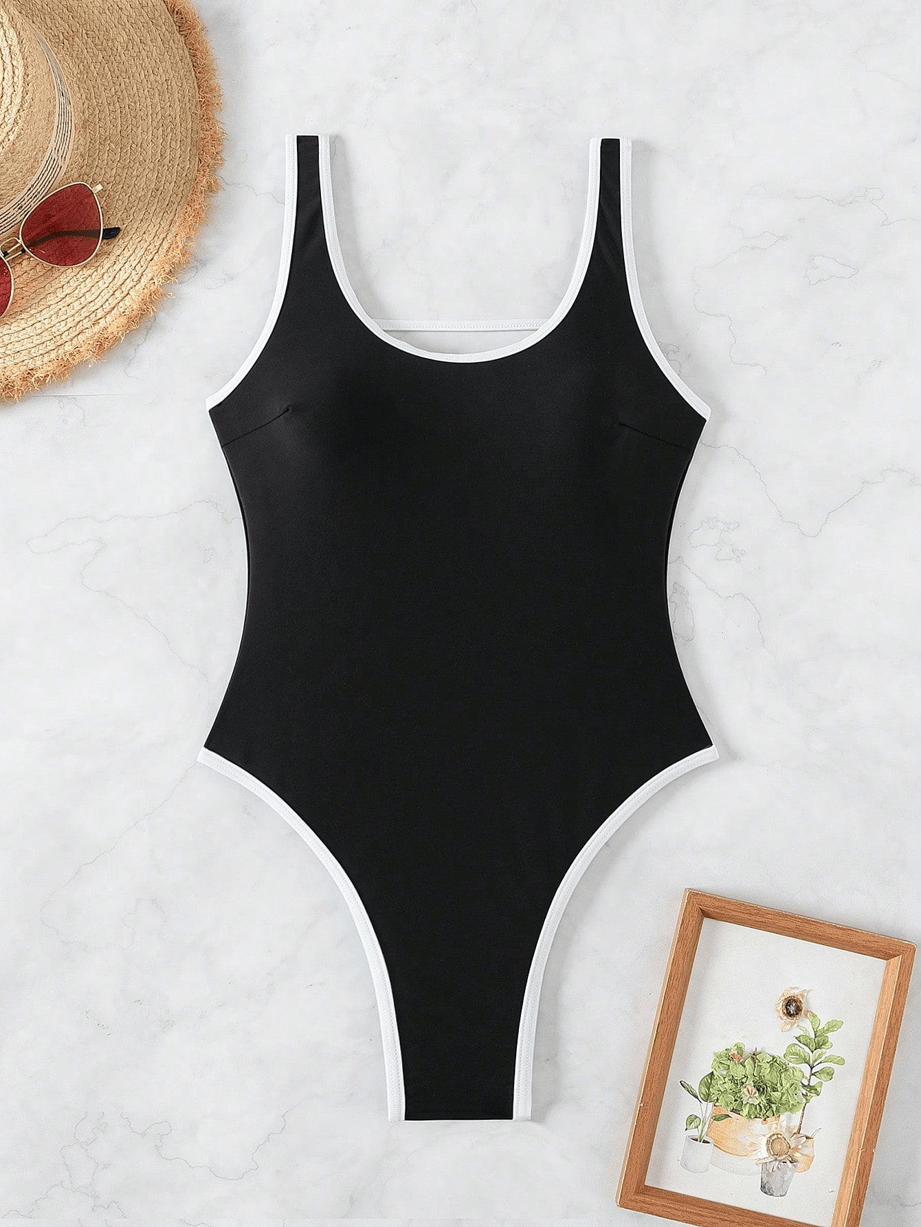 (image for) Women Contrast Trim Wide Strap Backless One Piece Swimsuit Padded Swimwear