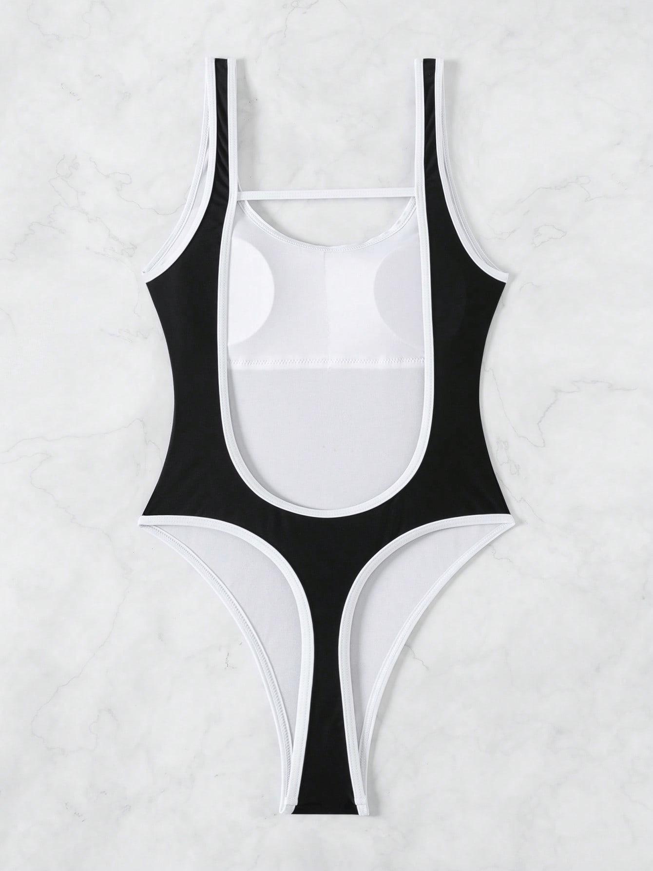 (image for) Women Contrast Trim Wide Strap Backless One Piece Swimsuit Padded Swimwear
