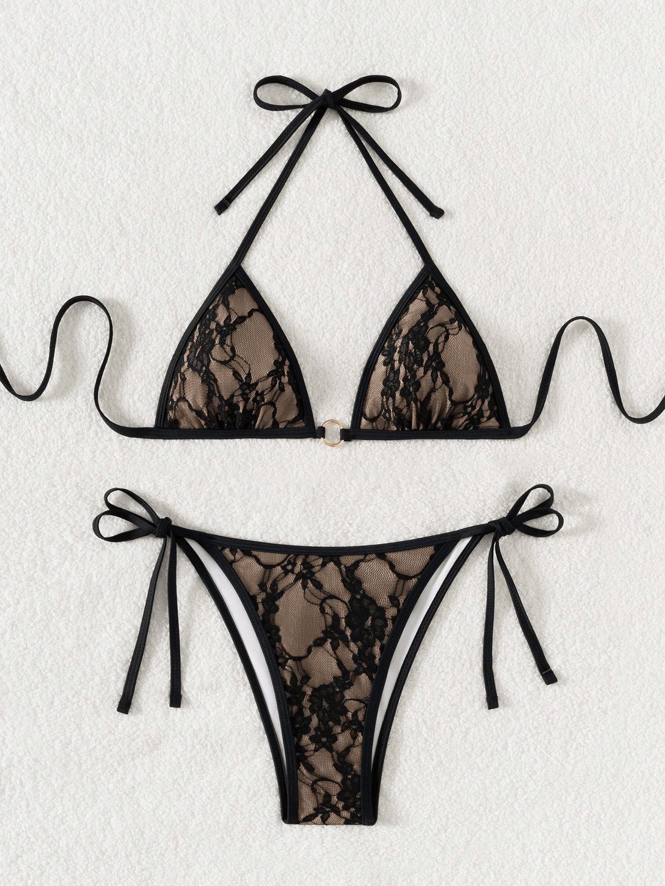Women Lace Halter Triangle Bikini Set Tie Side Padded Swimwear
