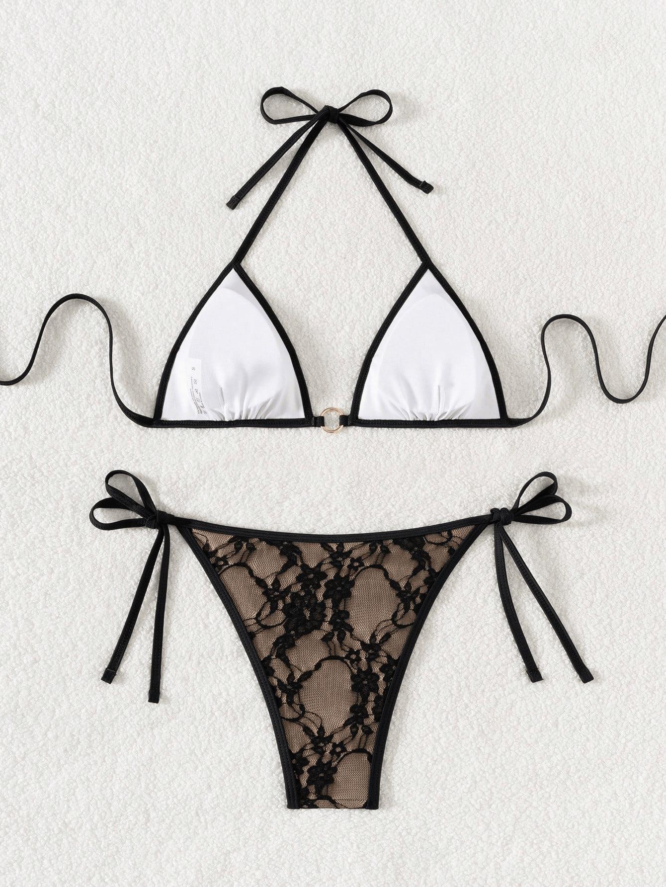 (image for) Women Lace Halter Triangle Bikini Set Tie Side Padded Swimwear