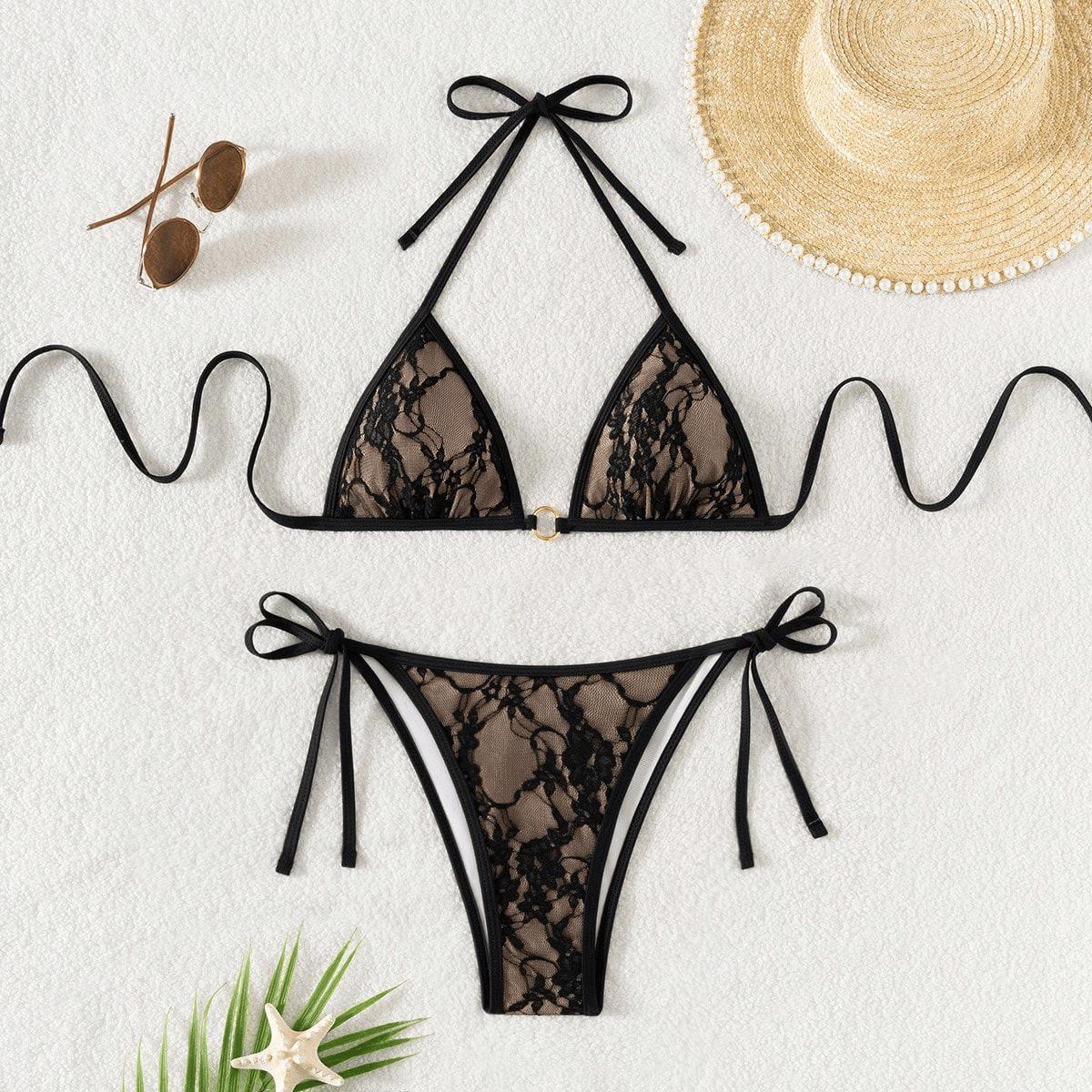 (image for) Women Lace Halter Triangle Bikini Set Tie Side Padded Swimwear