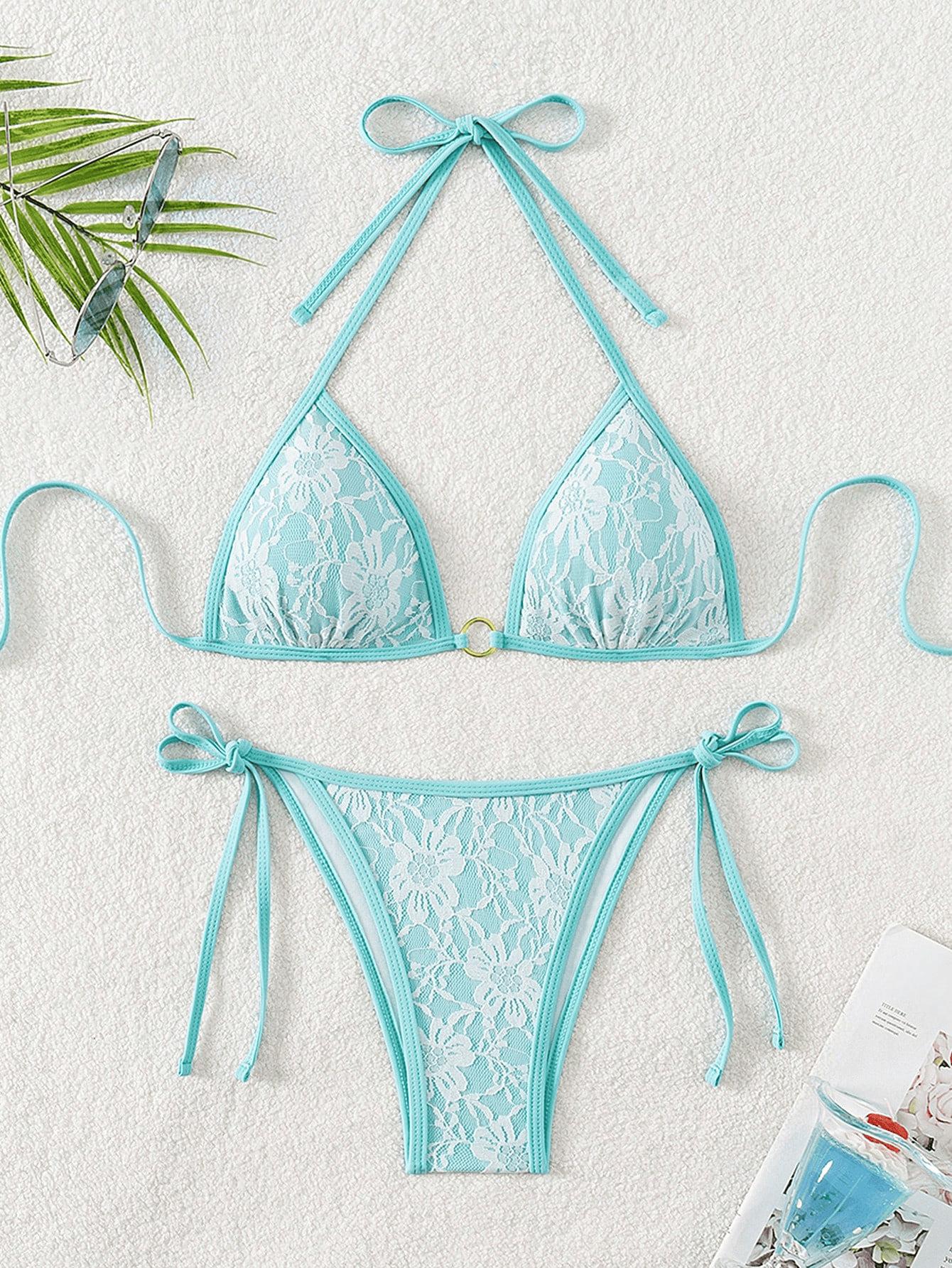(image for) Women Lace Halter Triangle Bikini Set Tie Side Padded Swimwear