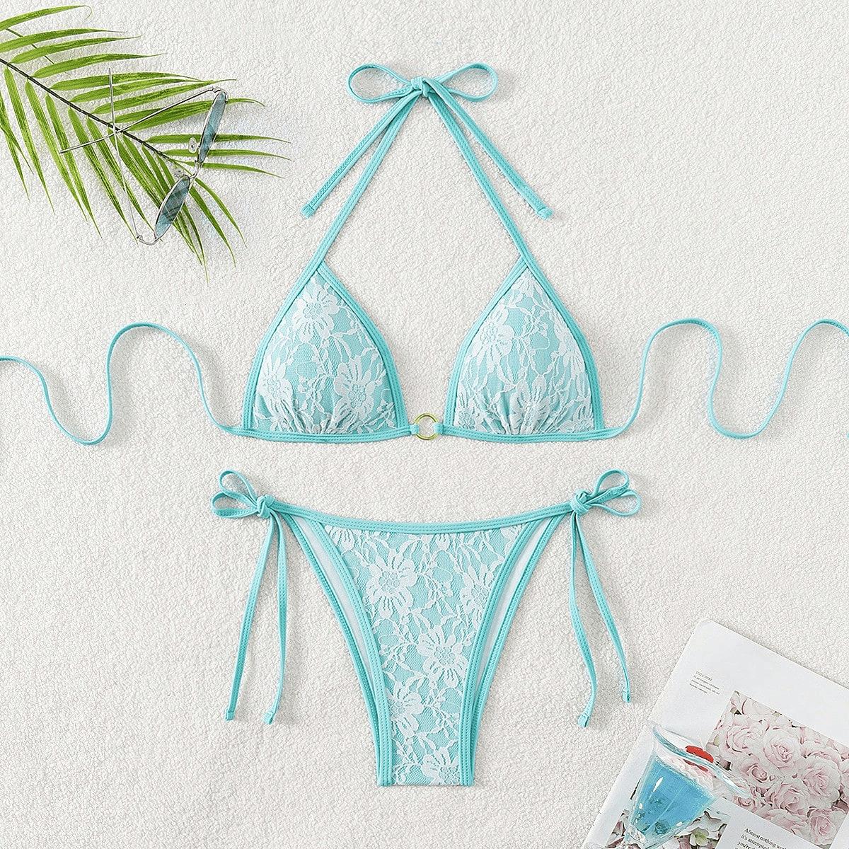 (image for) Women Lace Halter Triangle Bikini Set Tie Side Padded Swimwear