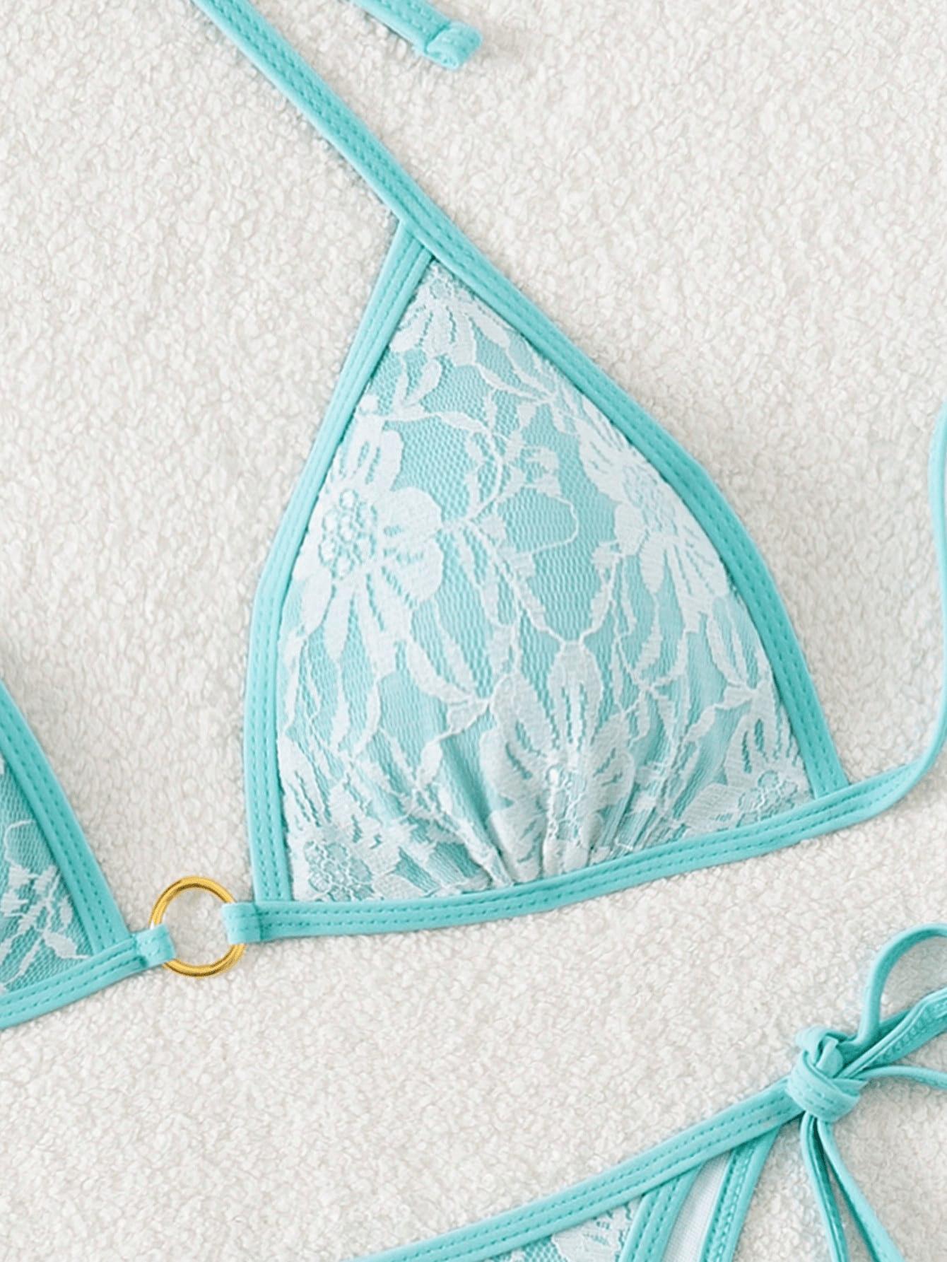 (image for) Women Lace Halter Triangle Bikini Set Tie Side Padded Swimwear