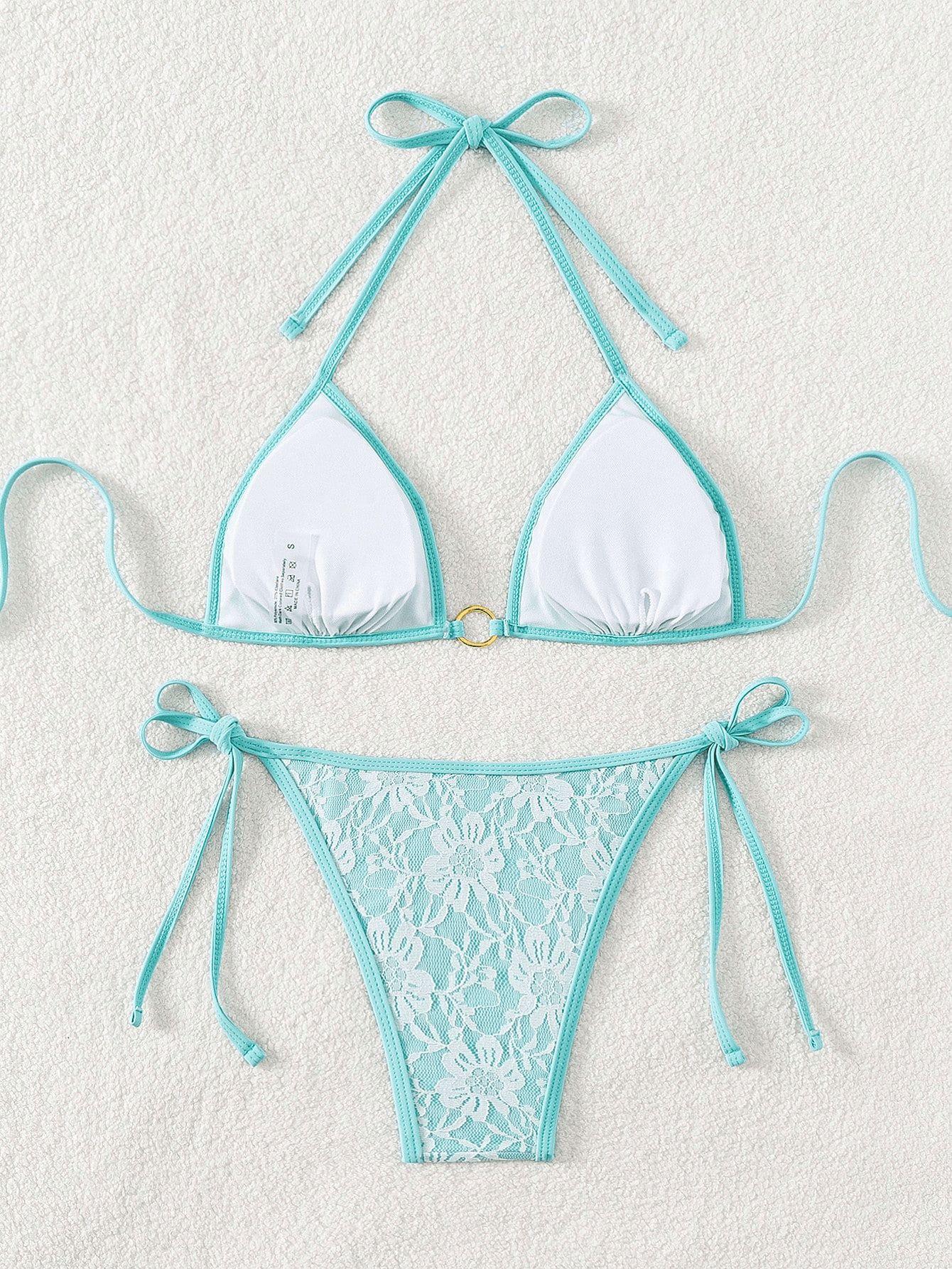 (image for) Women Lace Halter Triangle Bikini Set Tie Side Padded Swimwear