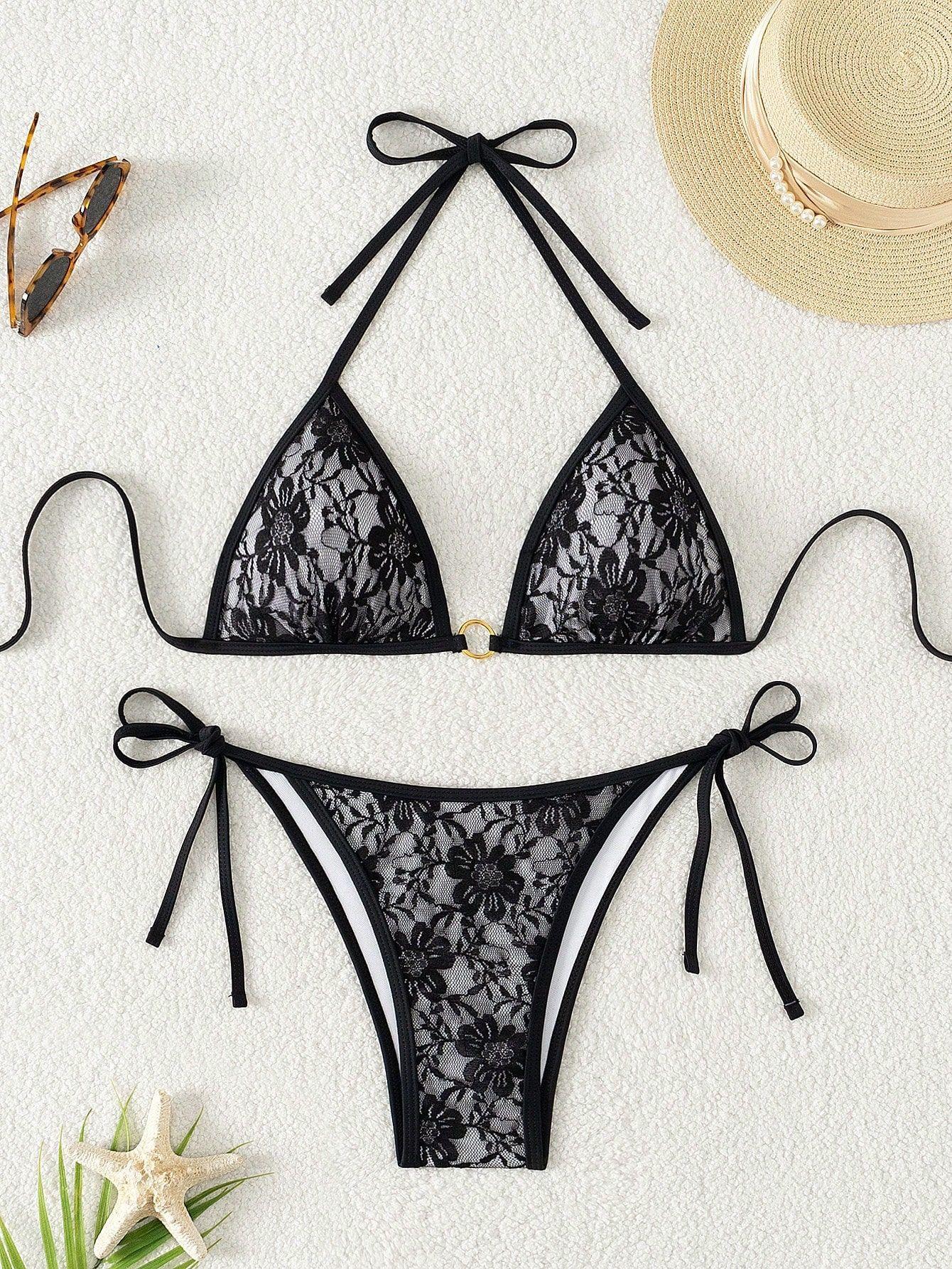 (image for) Women Lace Halter Triangle Bikini Set Tie Side Padded Swimwear