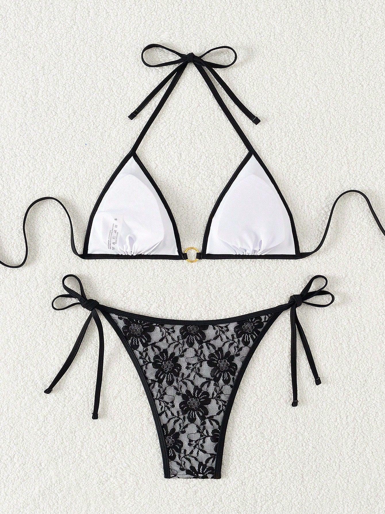 (image for) Women Lace Halter Triangle Bikini Set Tie Side Padded Swimwear