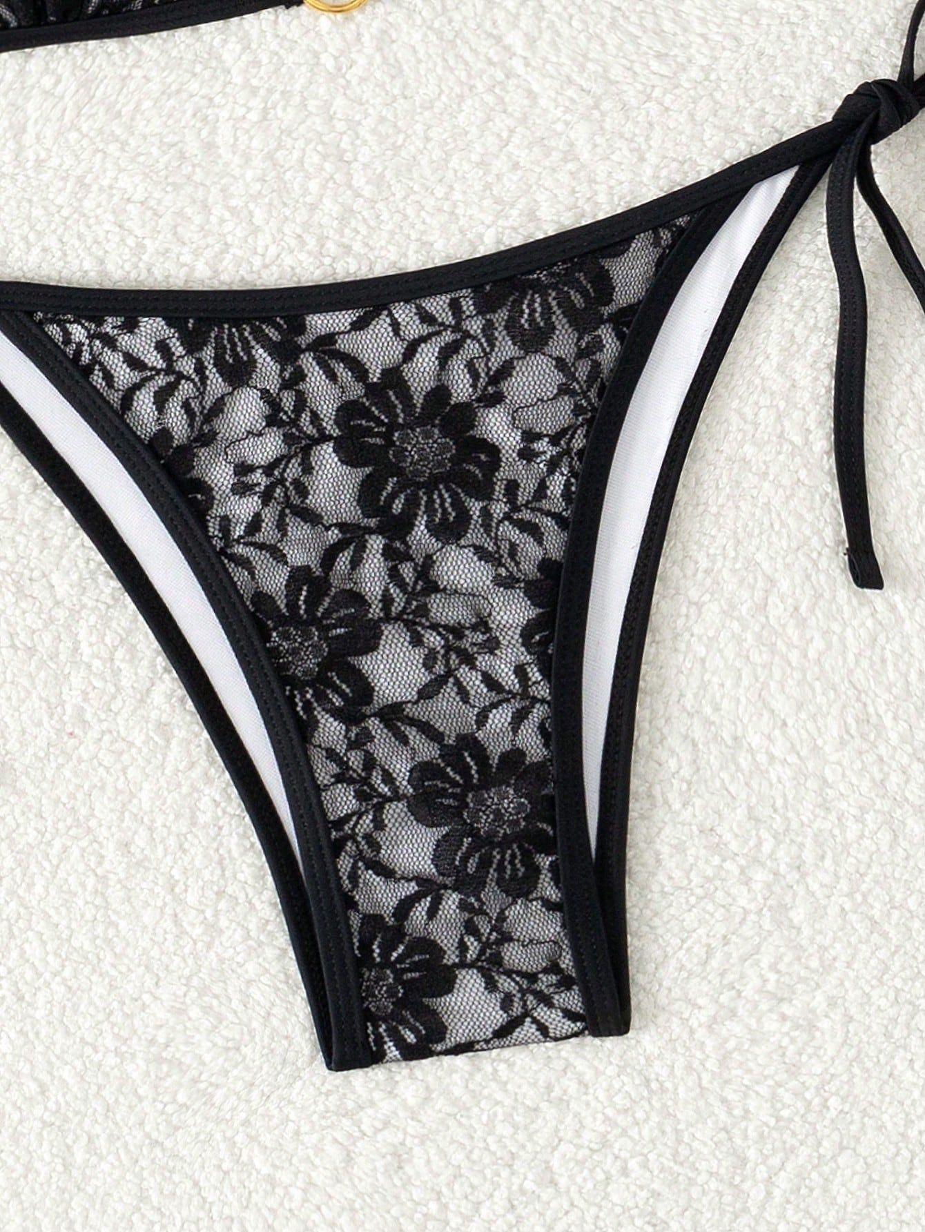 (image for) Women Lace Halter Triangle Bikini Set Tie Side Padded Swimwear