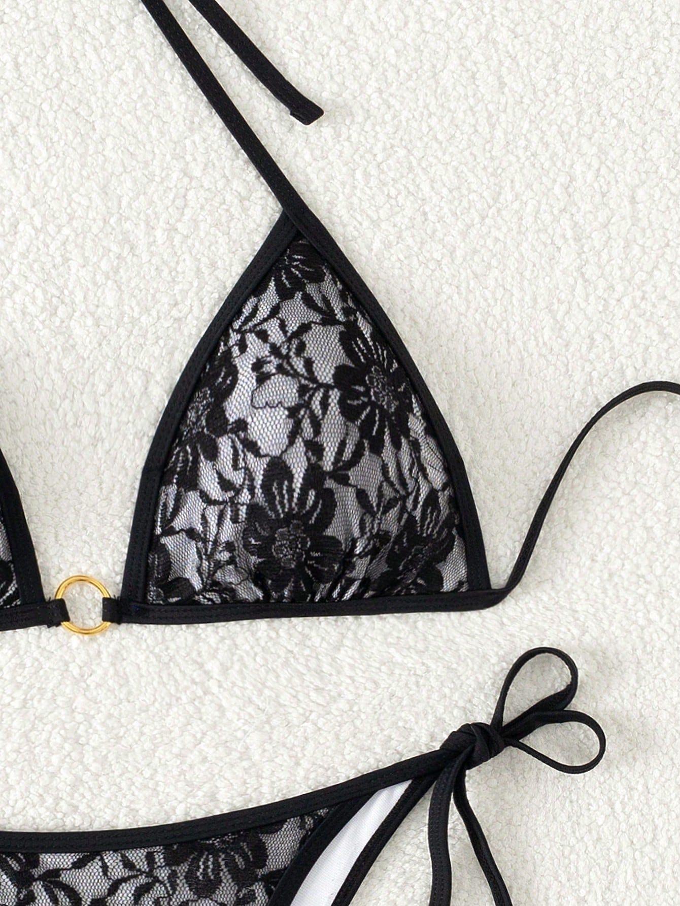 (image for) Women Lace Halter Triangle Bikini Set Tie Side Padded Swimwear